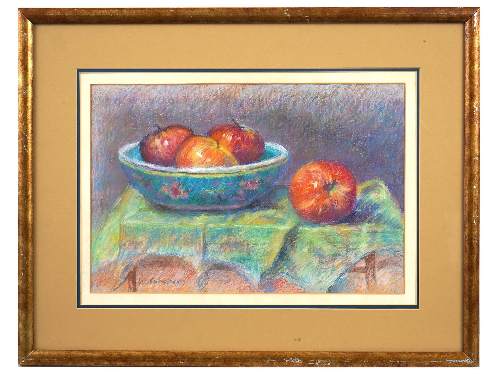AMERICAN PAINTING BY WILLIAM JAMES GLACKENS STILL LIFE: William James Glackens, American, 1870 to 1938, a pastel drawing on paper depicting a still life composition with apples. Signed lower left. Matted and framed. William James Glackens was a realist pai