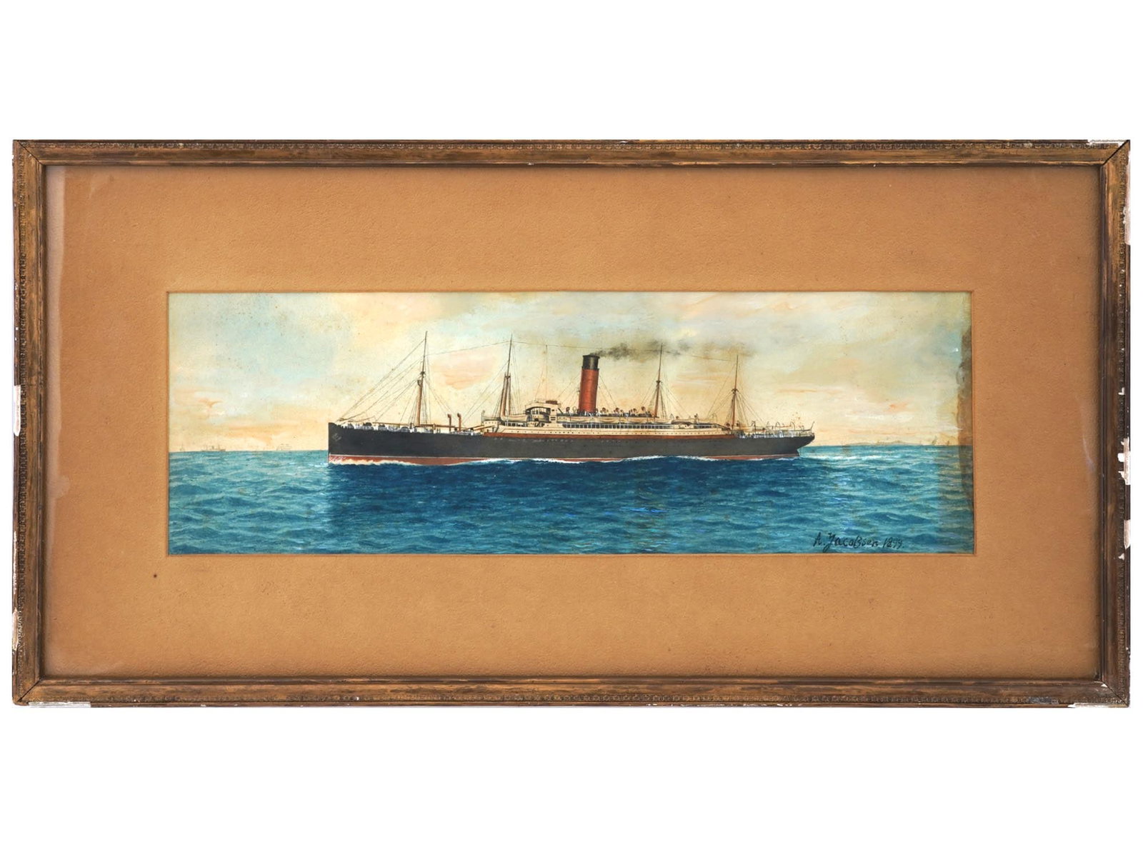 ANTONIO JACOBSEN AMERICAN MARITIME WATERCOLOR PAINTING: Watercolor on paper painting by Antonio Nicolo Gasparo Jacobsen, 1850 to 1921, a Danish-born American maritime artist known as the Audubon of Steam Vessels. The artwork depicts a steamship on water. S