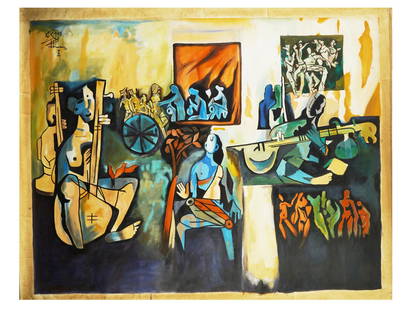 INDIAN PAINTING BY MAQBOOL FIDA HUSAIN WITH COA: Maqbool Fida Husain, Indian, 1915 to 2011, an oil painting on canvas depicting a dynamic scene with musicians. Signed upper left and dated 2001. With the certificate of authenticity. Maqbool Fida Husa