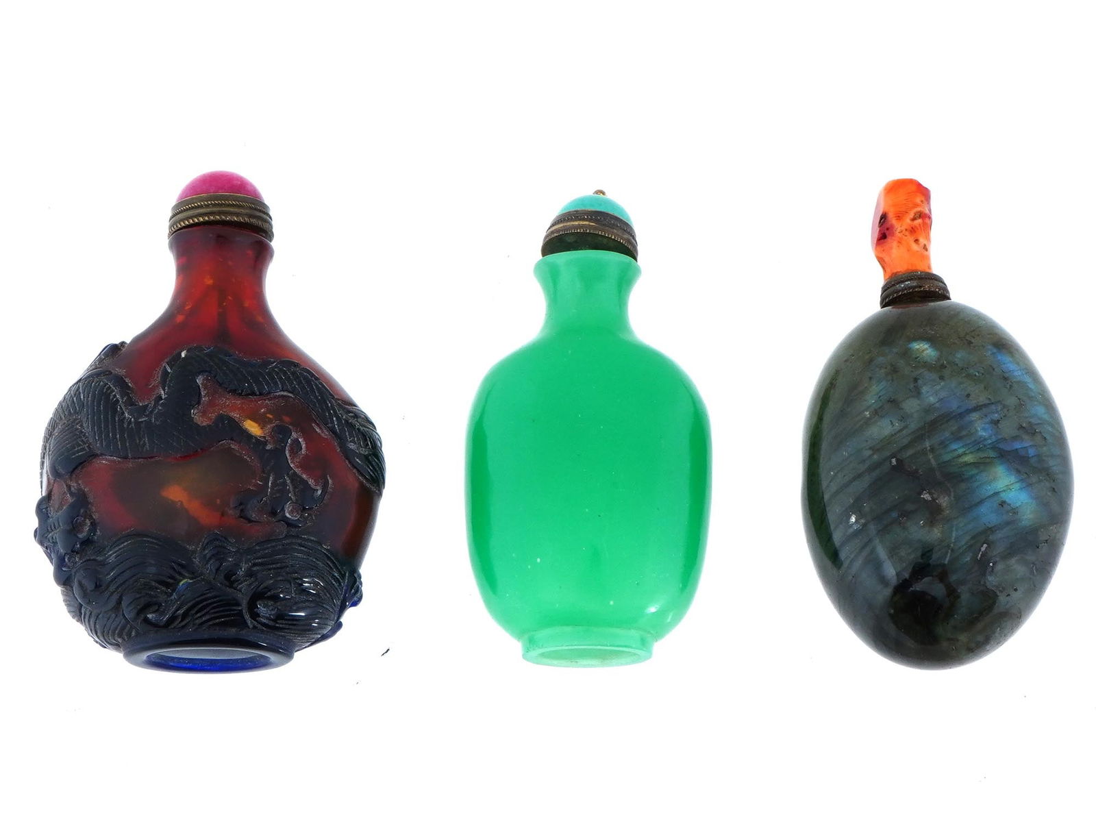 VINTAGE CHINESE GLASS AND GEM STONE SNUFF BOTTLES (1 of 4)