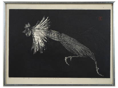 KAORU KAWANO JAPANESE LIMITED EDITION WOODBLOCK: Monochrome woodblock print on paper by Kawano Kaoru, 1926 to 1989, a prominent Japanese printmaker. The artwork depicts a rooster in profile. Signed by the artist in the lower right. Titled Charge in