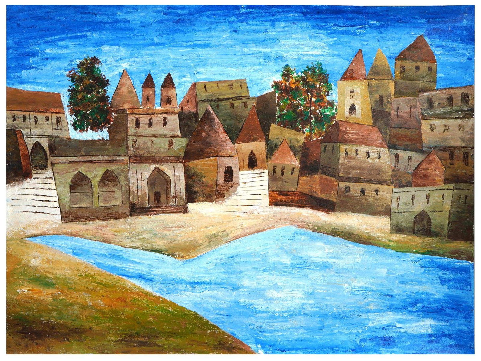 ATTR TO RAM KUMAR INDIAN EXPRESSIONIST PAINTING: Attributed to Ram Kumar, 1924 to 2018, Indian, acrylic on paper painting depicting an Expressionist cityscape. Dated 1995. Inscribed on the backside. Born in 1924 in Simla, Ram Kumar was among Indias