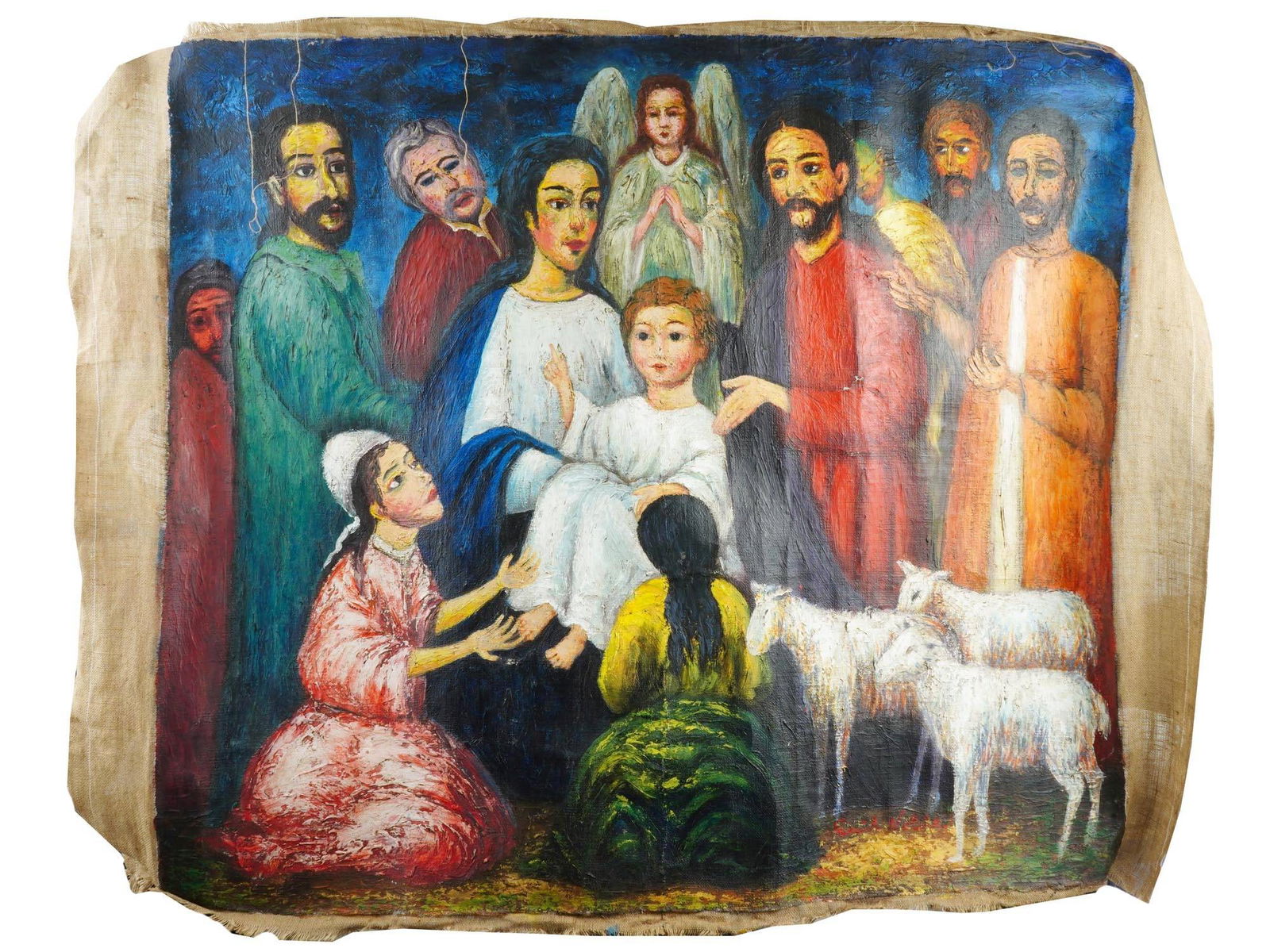HUGE RELIGIOUS OIL PAINTING MANNER OF EMIL NOLDE: A huge vintage religious painting created in oil on burlap in the manner of Emil Nolde German, Danish, 1867 to 1956. The painting depicts the Virgin Mary holding the Holy Infant Jesus in a stable surr