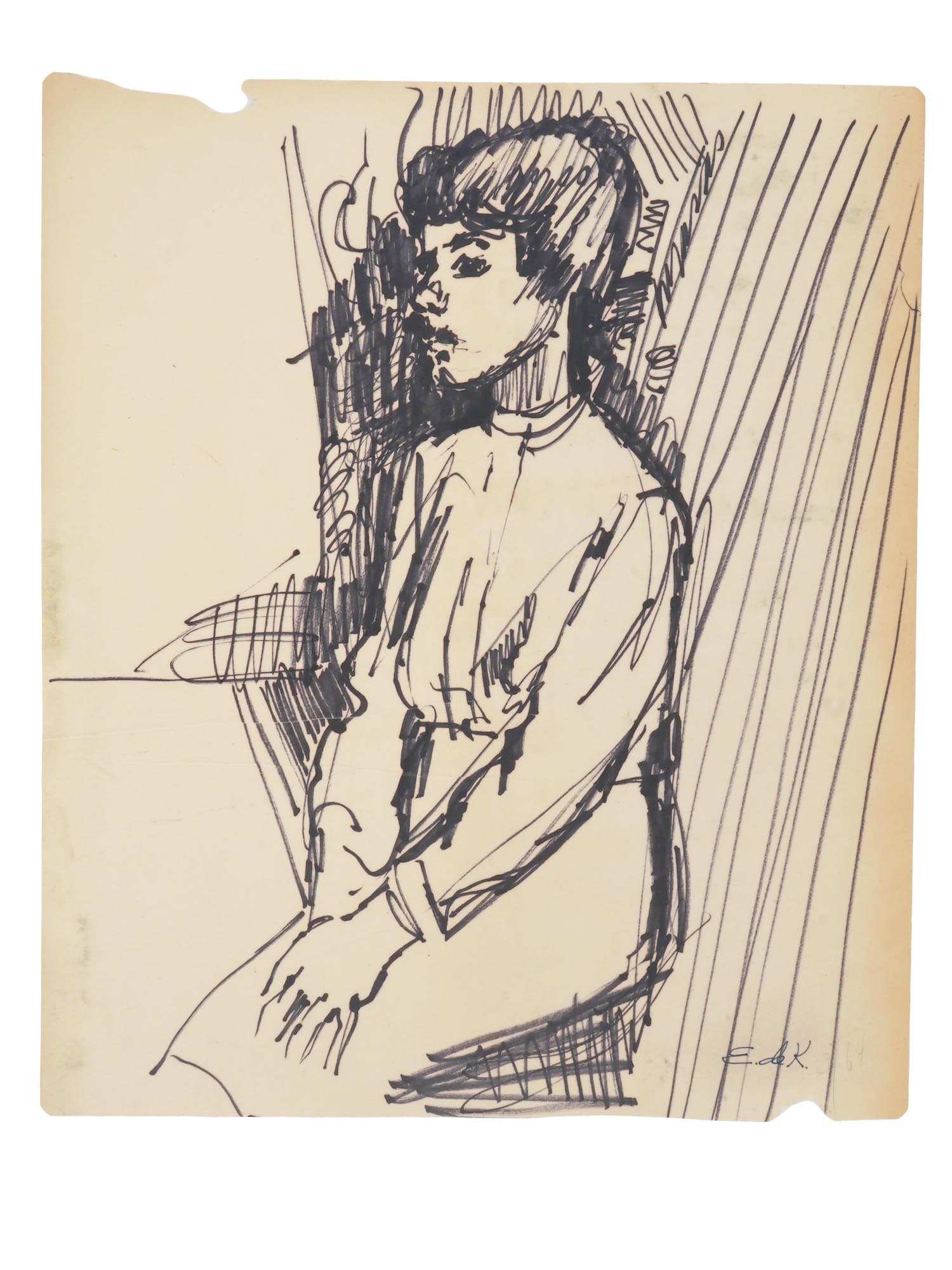 ATTR TO ELAINE DE KOONING SKETCH MARKER PAINTING: Attributed to Elaine Fried de Kooning, American 1918 to 1989, a marker on paper depicting a sketch portrait of woman. Signed lower right. Elaine Marie Catherine de Kooning was an Abstract Expressionis