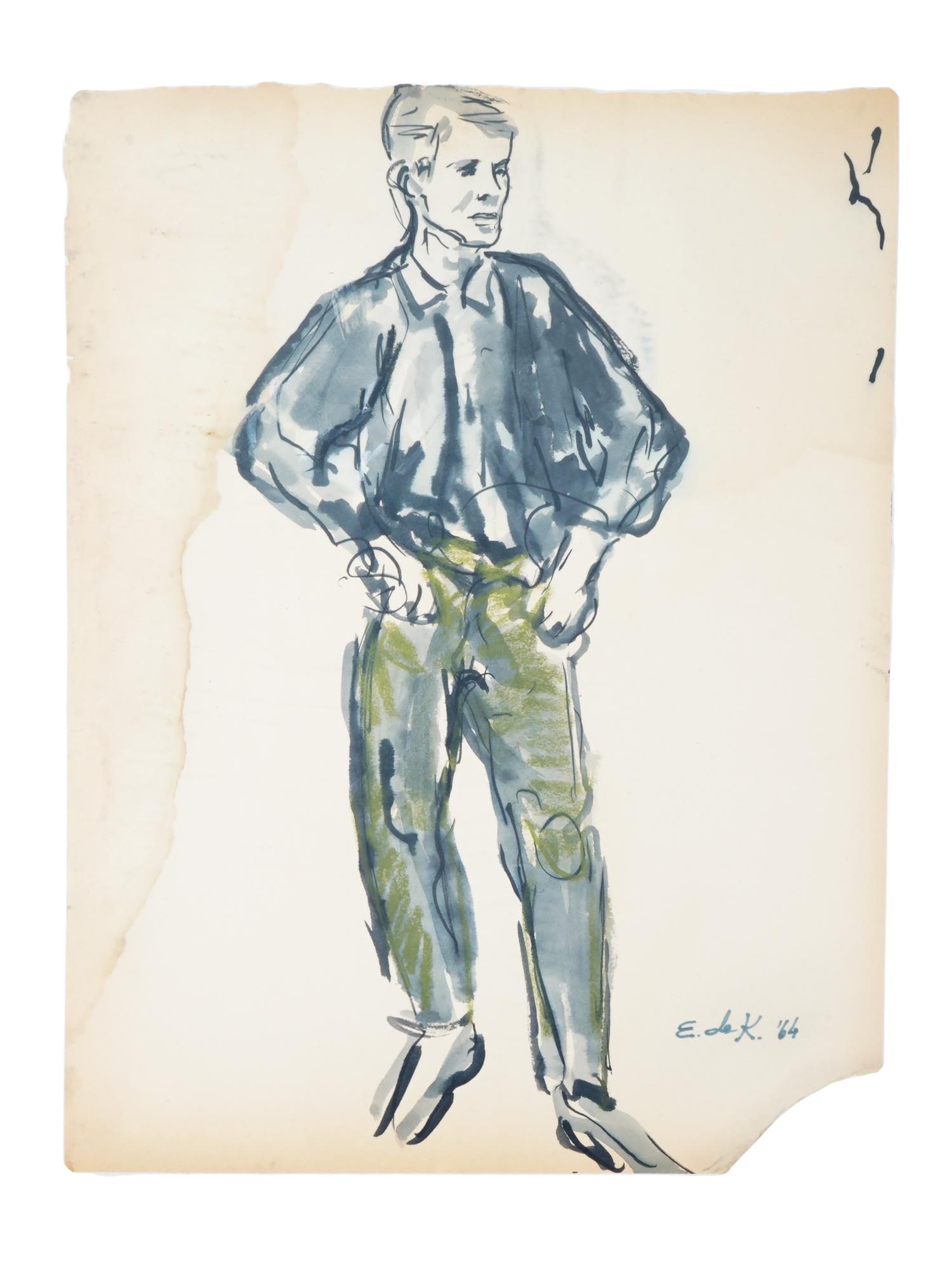 ATTR TO ELAINE DE KOONING SKETCH MIXED MEDIA PAINTING: Attributed to Elaine Fried de Kooning, American 1918 to 1989, a mixed media painting on paper depicting a sketch portrait of a man, 1966. Signed and dated, lower right. Elaine Marie Catherine de Kooni