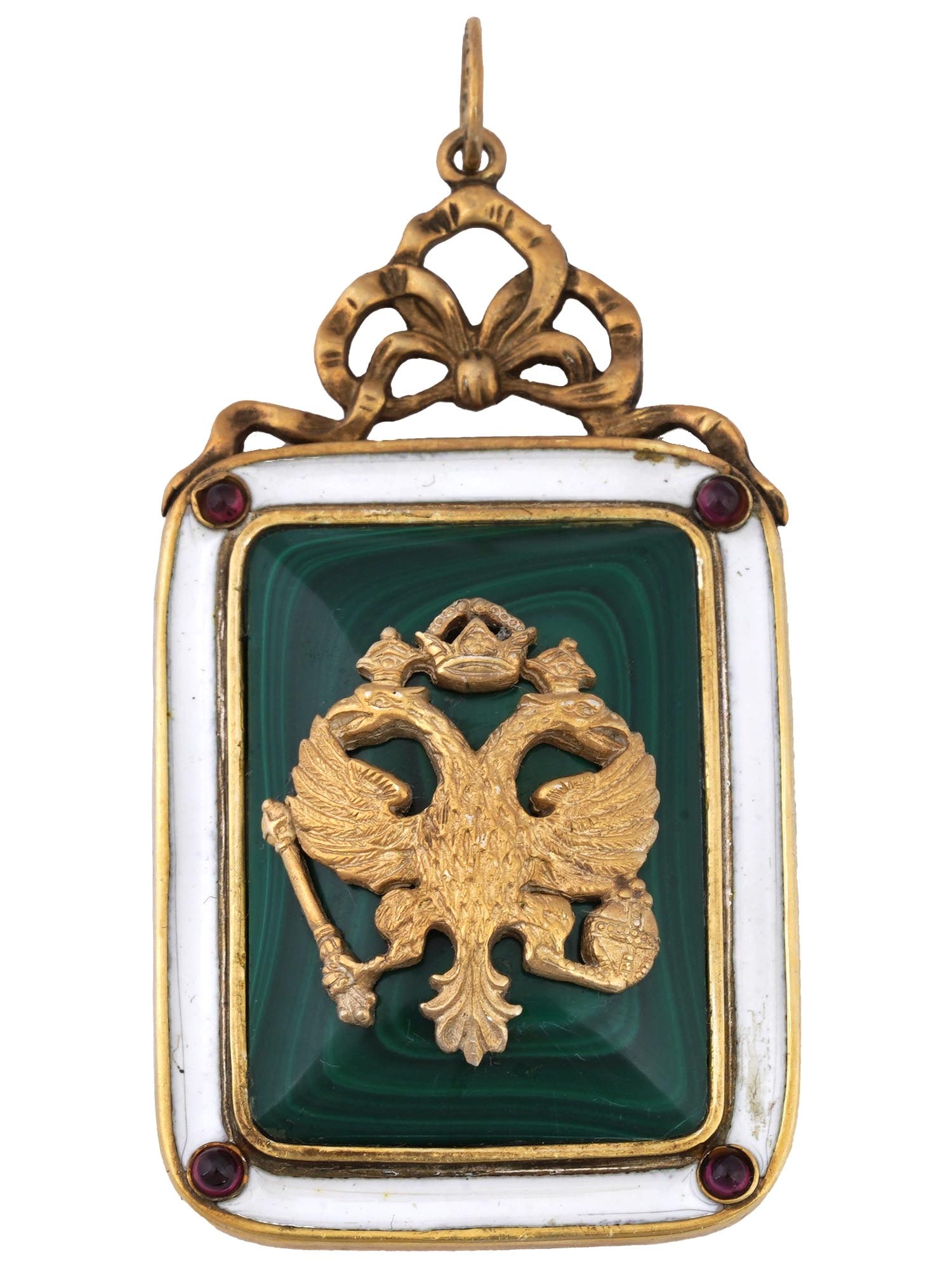 RUSSIAN GILT SILVER ENAMEL MALACHITE EAGLE PENDANT (1 of 4)