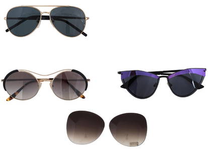LOT OF PRADA TOM FORD GLASSES AND PAIR OF LENSES: A collection of three fashion sin glasses. The lot includes Prada, Tom Ford and Alexander McQueen sun glasses with black and brown lenses. The lot also includes a pair of dark brown lenses. Each is ma