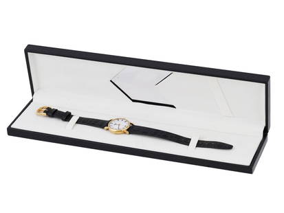 VINTAGE RAYMOND WEIL GOLD PLATED WRISTWATCH IOB: A vintage 18K gold electroplated wristwatch by Raymond Weil. Waterresistant. Round case, single crown. White dial with date window, Roman numerals, marked Raymond Weil, Geneve, Swiss. Original black l