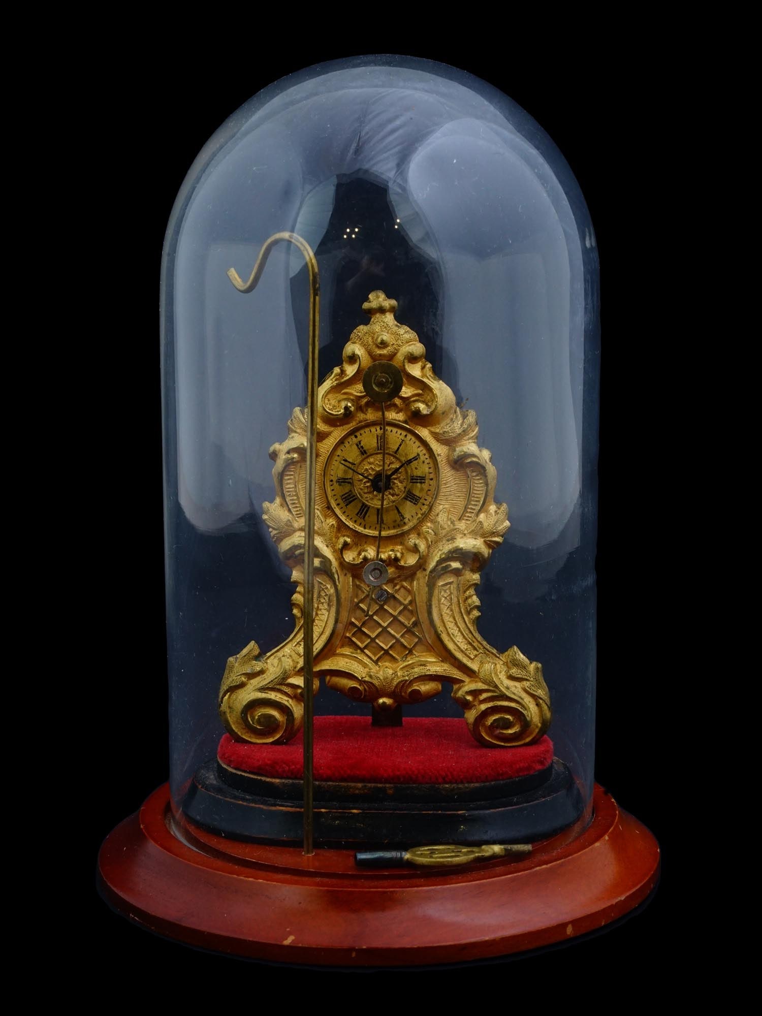 ANTIQUE GILT BRASS MANTEL CLOCK IN GLASS DOME (1 of 11)