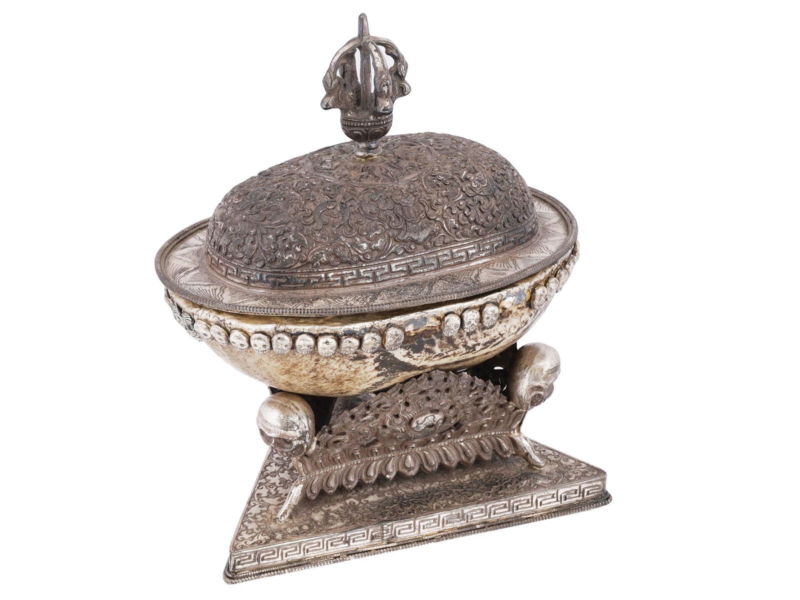 19TH CEN TIBETAN SKULL CUP W SILVERED LID AND STAND (1 of 8)