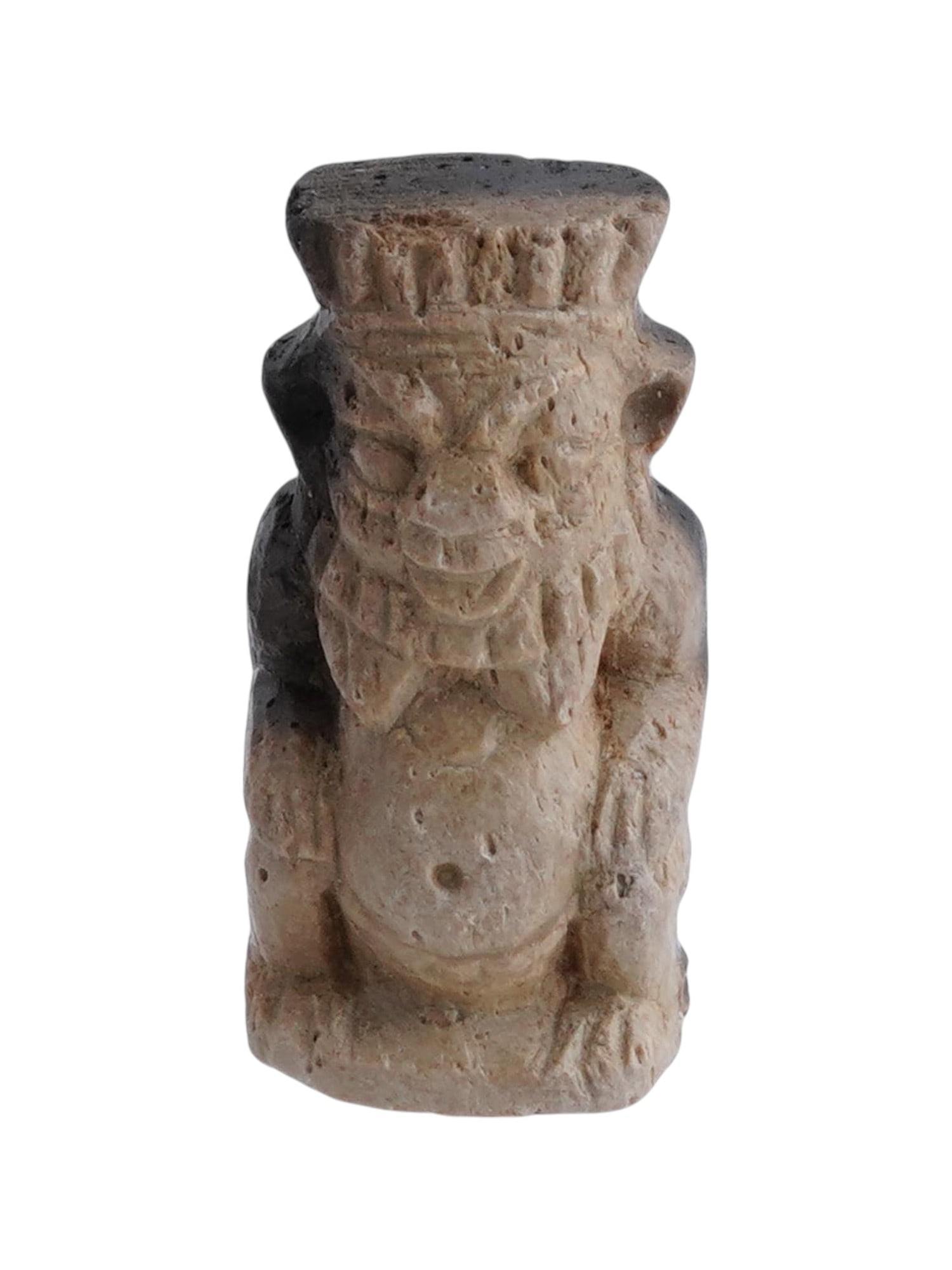 ANCIENT EGYPTIAN LATE PERIOD STONE GOD BES PENDANT: An ancient Egyptian late period hand carved stone pendant in the shape of the god Bes with engraved details. Circa 700 to 300 BC. God Bes was worshiped in ancient Egypt as the protector of homes, moth