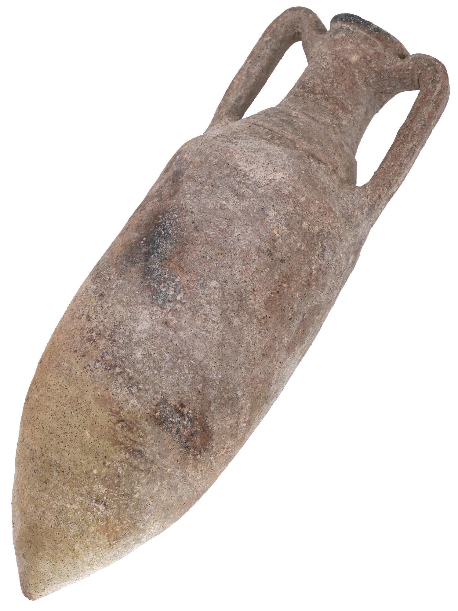 ANCIENT MEDITERRANEAN TERRACOTTA AMPHORA VASE: An Ancient Mediterranean terracotta amphora vase for wine storage. Hellenistic Greece or Roman Republic, Ca. 200 to 100 AD. Historical Collectibles, Archaeological Relics, Ceramics And Pottery. Dimens