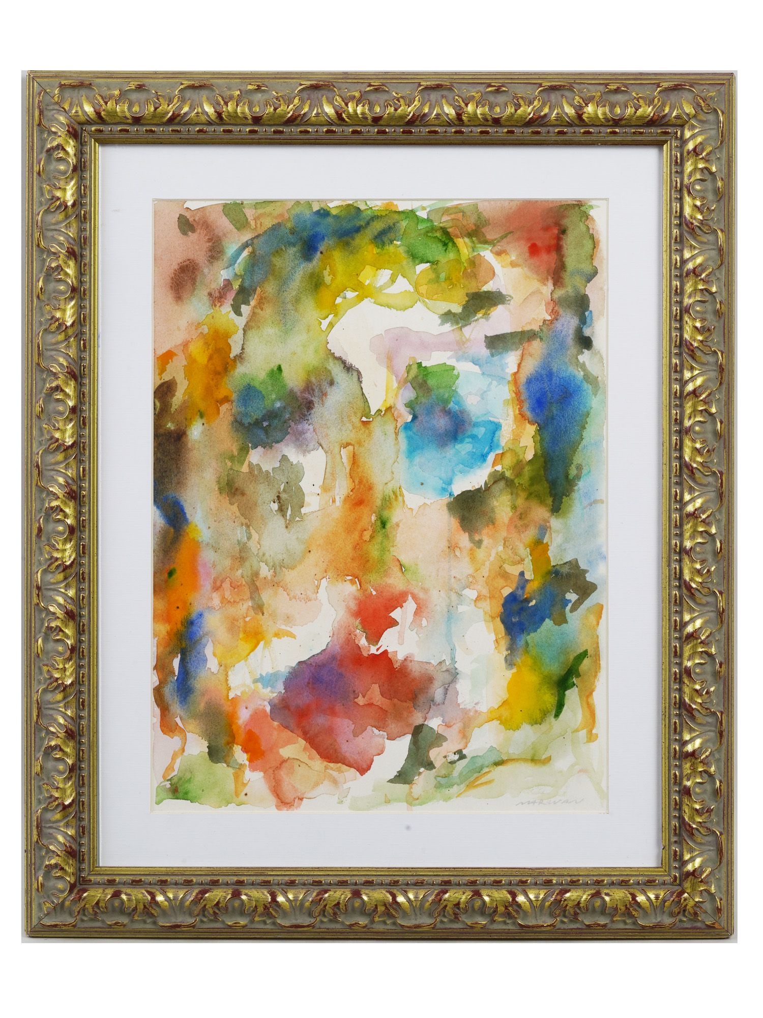 WATERCOLOR PAINTING SIGNED MARWAN KASSAB BACHI: A watercolor on paper painting depicting a colorful abstract composition. Signed in pencil lower right: Marwan. Marwan Kassab Bachi, Syrian, 1934 to 2016, was a Syrian painter. Born in Damascus, he fi