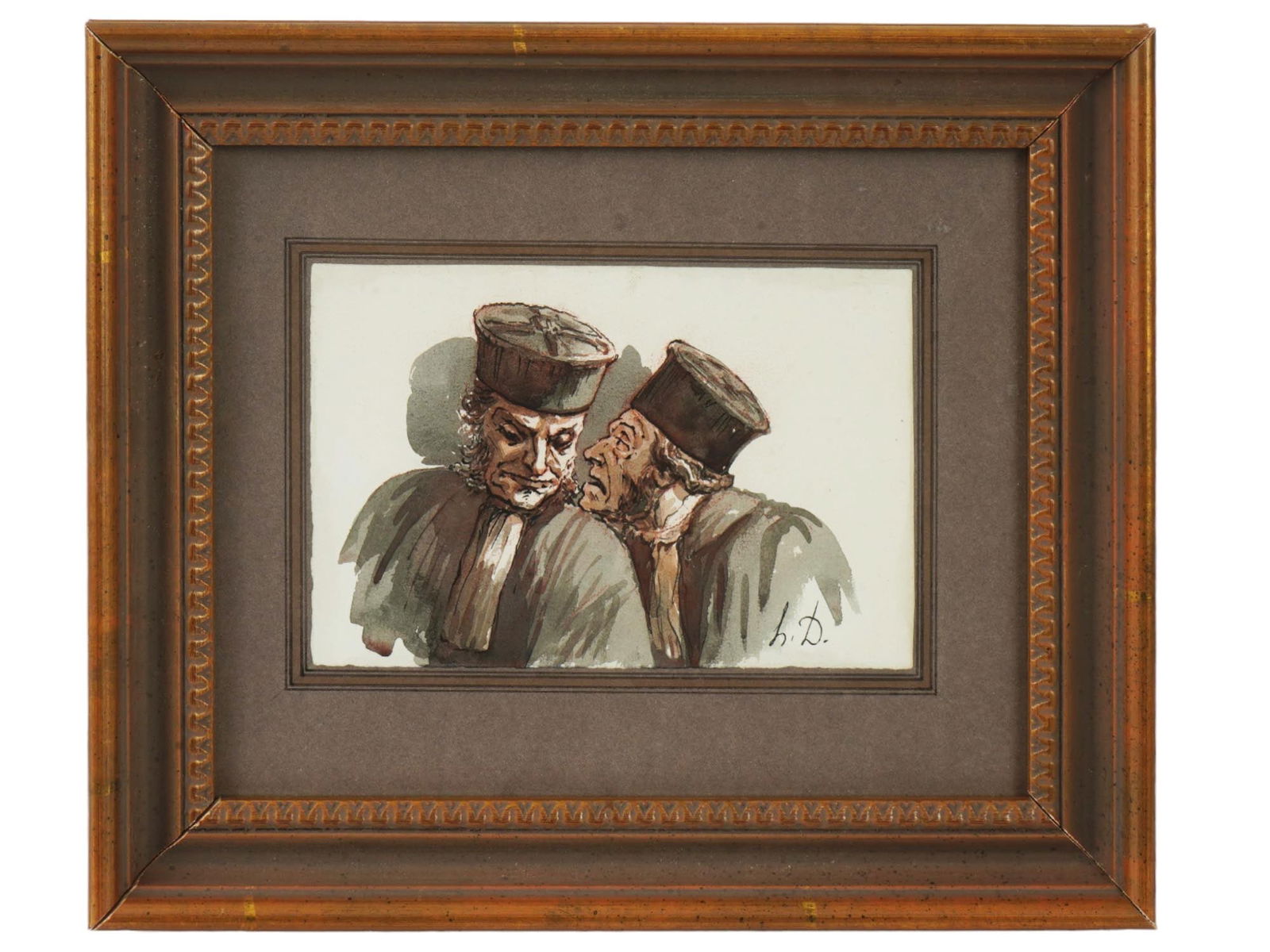 FRENCH MIXED MEDIA PAINTING AFTER HONORE DAUMIER: A watercolor and pencil painting on paper after Honore Daumier, 1808 to 1879, a French painter and printmaker whose works offer commentary on the social and political life in France. The artwork is ti
