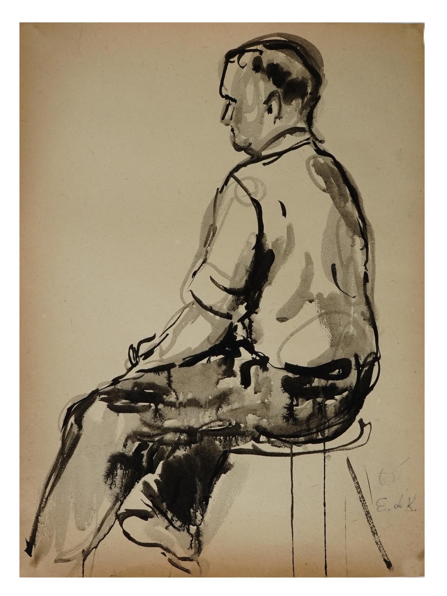 ATTR TO ELAINE DE KOONING MIXED MEDIA PAINTING ON PAPER: Attributed to Elaine Fried de Kooning, American 1918 to 1989, a mixed media painting on paper depicting a sketch portrait of a man. Signed lower right. Elaine Marie Catherine de Kooning was an Abstrac