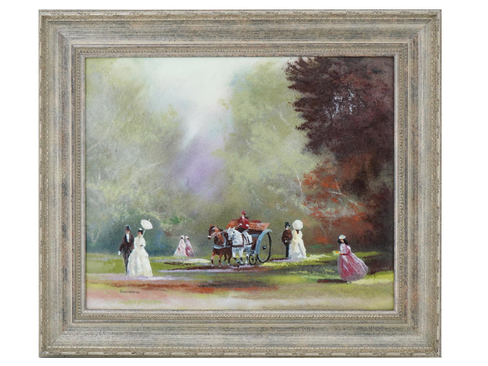 CHARLES PARTHESIUS AMERICAN ENAMEL COPPER PAINTING: A fine Impressionist painting created in fused glass enamel on copper plate by Charles Parthesius, American, 1921 to 1997. The painting depicts a sunny and pleasant day in a park, where people dressed