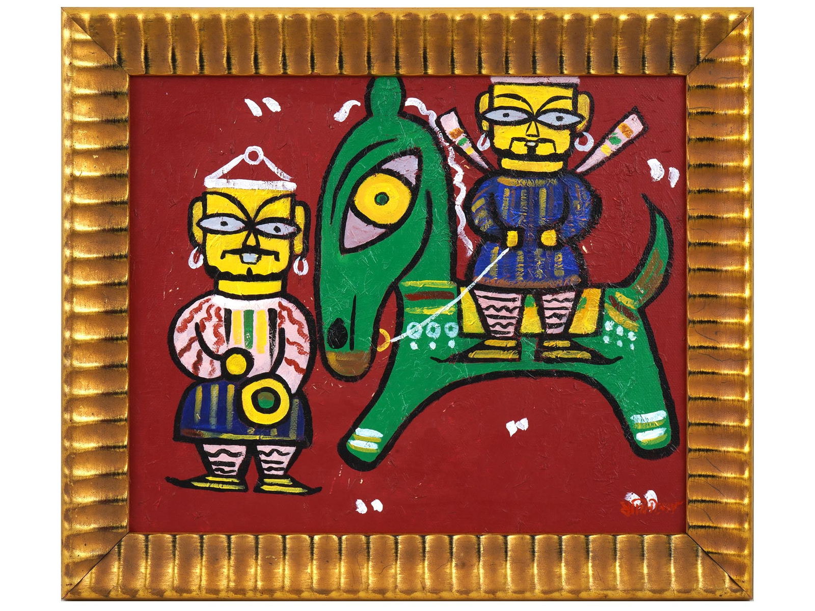 INDIAN TEMPERA FOLK PAINTING AFTER JAMINI ROY: A tempera painting on canvas depicting a scene with a rider after Jamini Roy, Indian, 1887 to 1972. Signed in Bengali, lower right. Framed. Jamini Roy is known for Folk art painting of India. When he