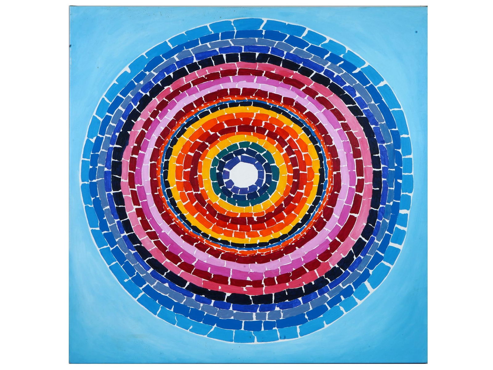 STYLE OF ALMA THOMAS ABSTRACT AMERICAN OIL PAINTING: An oil painting on canvas depicting an abstract optical composition in the style of Alma Woodsey Thomas, Afro American, 1891 to 1978. Signed and dated on the backside. Alma Thomas is known for Non obj