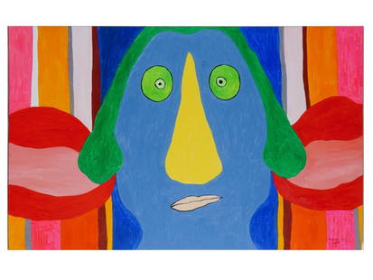 AFTER HUGUETTE CALAND MODERN PAINTING PORTRAIT: After Huguette Caland, Lebanese, 1931 to 2019, an oil painting on canvas depicting a portrait. Signed lower right and dated 1988. Huguette Caland was a painter, sculptor and fashion designer known for