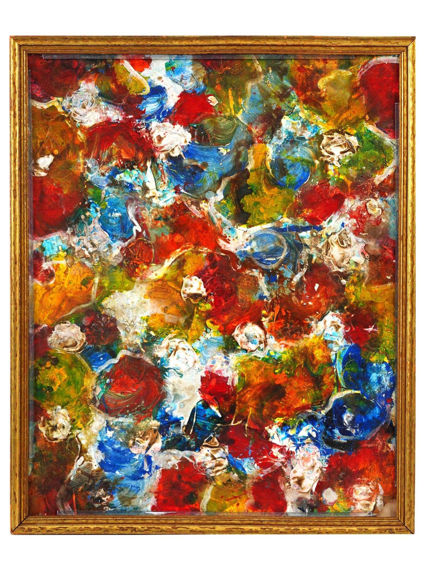 ABSTRACT AMERICAN PAINTING AFTER ALDEN MASON: Acrylic on canvas painting after Alden Mason, 1919 to 2013, an American artist and professor at the University of Washington. The artwork is an abstract composition in primary colors. Impasto techniqu