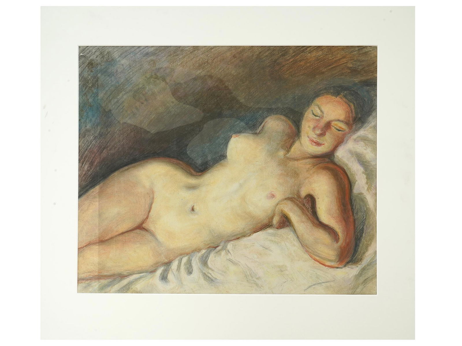 NUDE WOMAN PAINTING AFTER ZINAIDA SEREBRIAKOVA: A mixed media on canvas painting depicting a reclining nude woman after Zinaida Yevgenyevna Serebriakova, Russian, 1884 to 1967. The original painting is titled Sleeping Model and was painted in 1941.