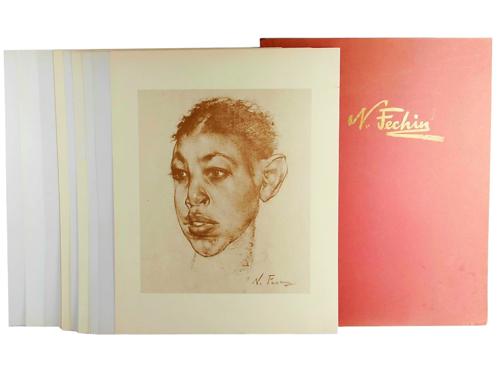 RUSSIAN AMERICAN NICOLAI FECHIN CHARCOAL PORTFOLIO: A portfolio of 14 portrait charcoal drawings and lithographs by Nicolai Fechin. Northridge House, 1946. Nicolai Fechin, 1881 to 1955, a Russian American artist, and student of Ilya Repin and Filipp Ma