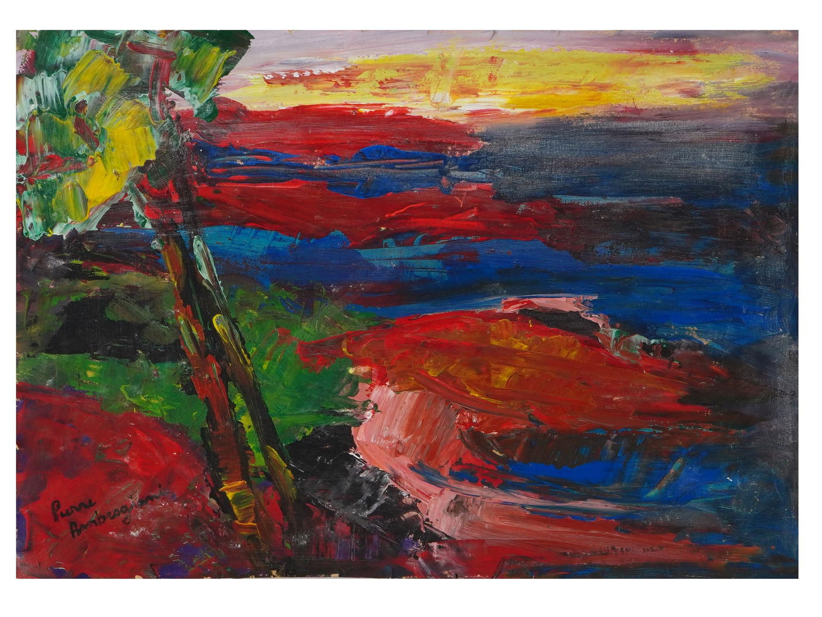 EXPRESSIONIST OIL PAINTING BY PIERRE AMBROGIANI: Pierre Lucien Ambrogiani, French, Italian, 1907 to 1985, oil painting on board depicting an Expressionist landscape. Signed lower left. Pierre Ambrogiani is known for Expressionist landscape, portrait