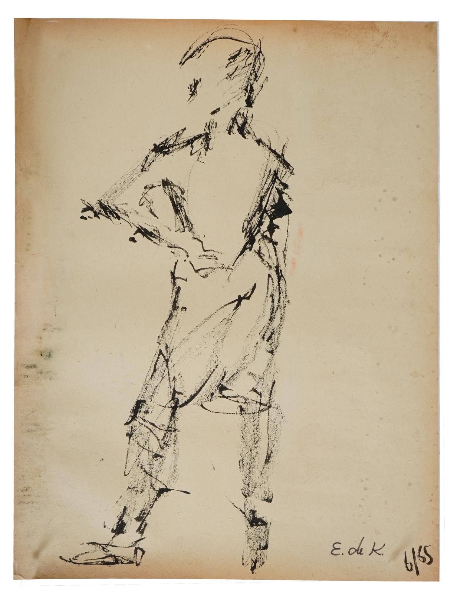 ATTR TO ELAINE DE KOONING MIXED MEDIA PAINTING: Attributed to Elaine Fried de Kooning, American 1918 to 1989, a mixed media painting on paper depicting a sketch portrait of a woman from behind, 1965. Signed and dated, lower right. Elaine Marie Cath