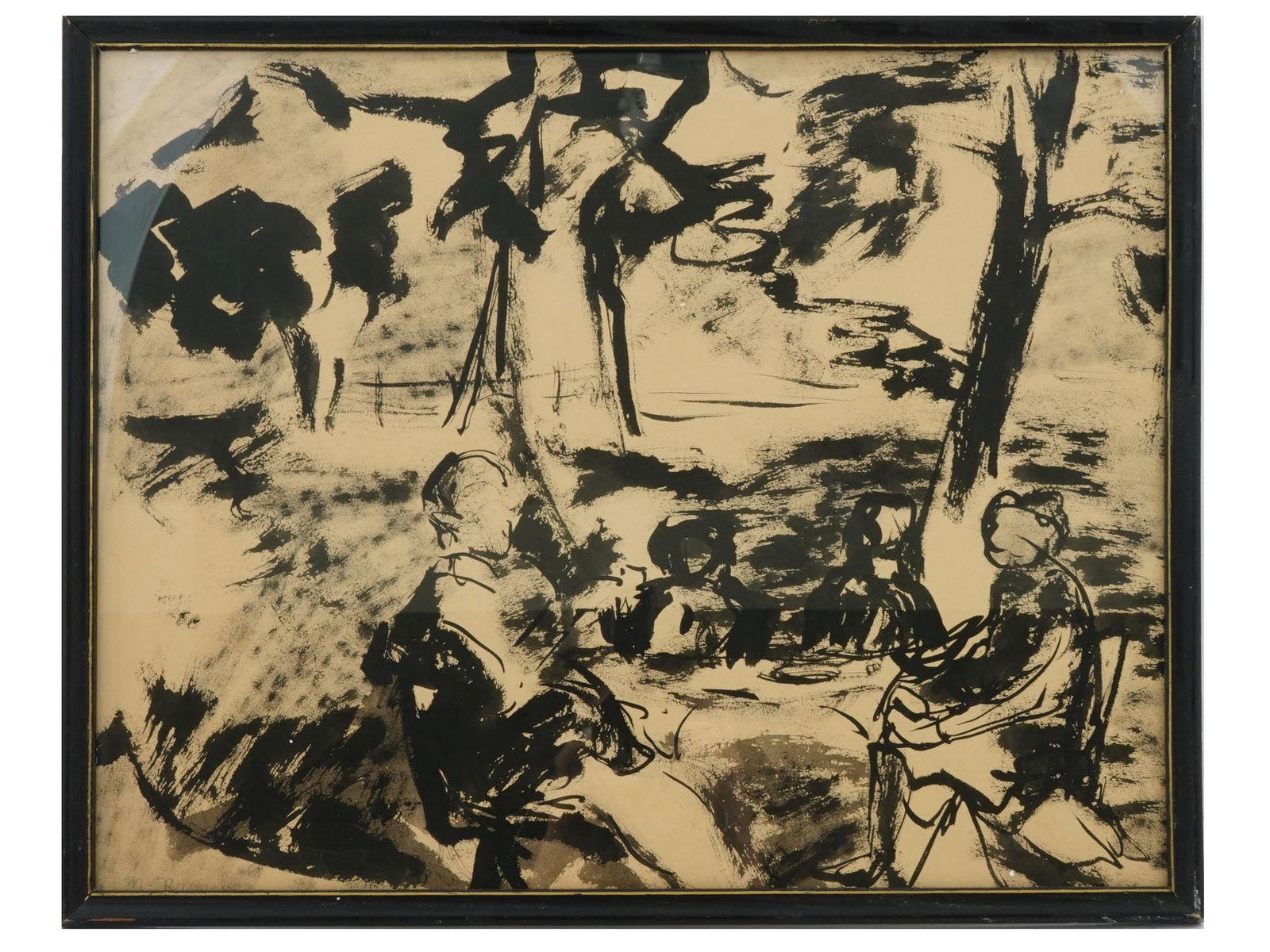 EARLY 20TH C GARDEN SCENE INK PAINTING SIGNED (1 of 4)