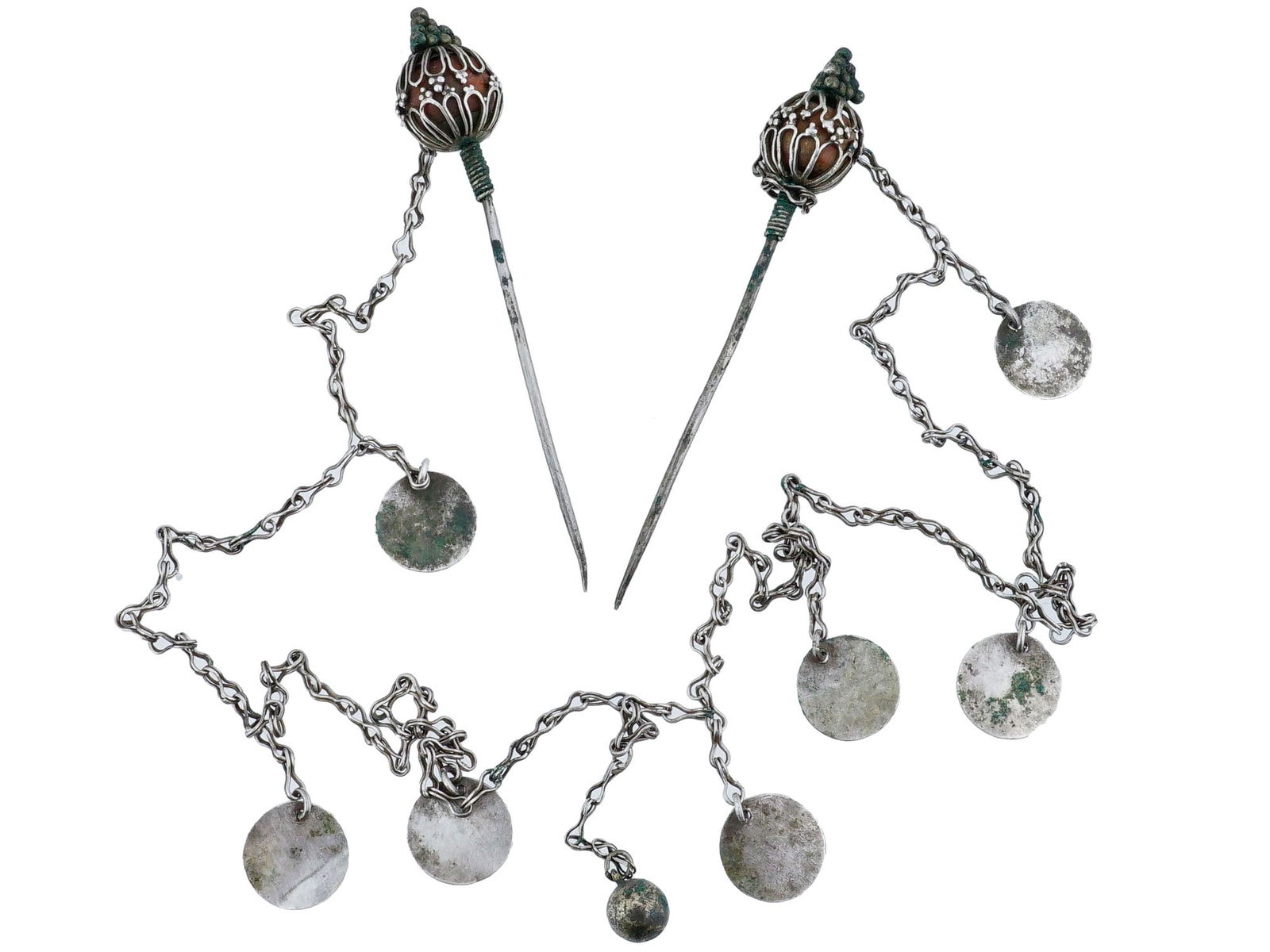 18TH C ANTIQUE SILVER HAIR PINS WITH CHAIN AND DECOR (1 of 2)