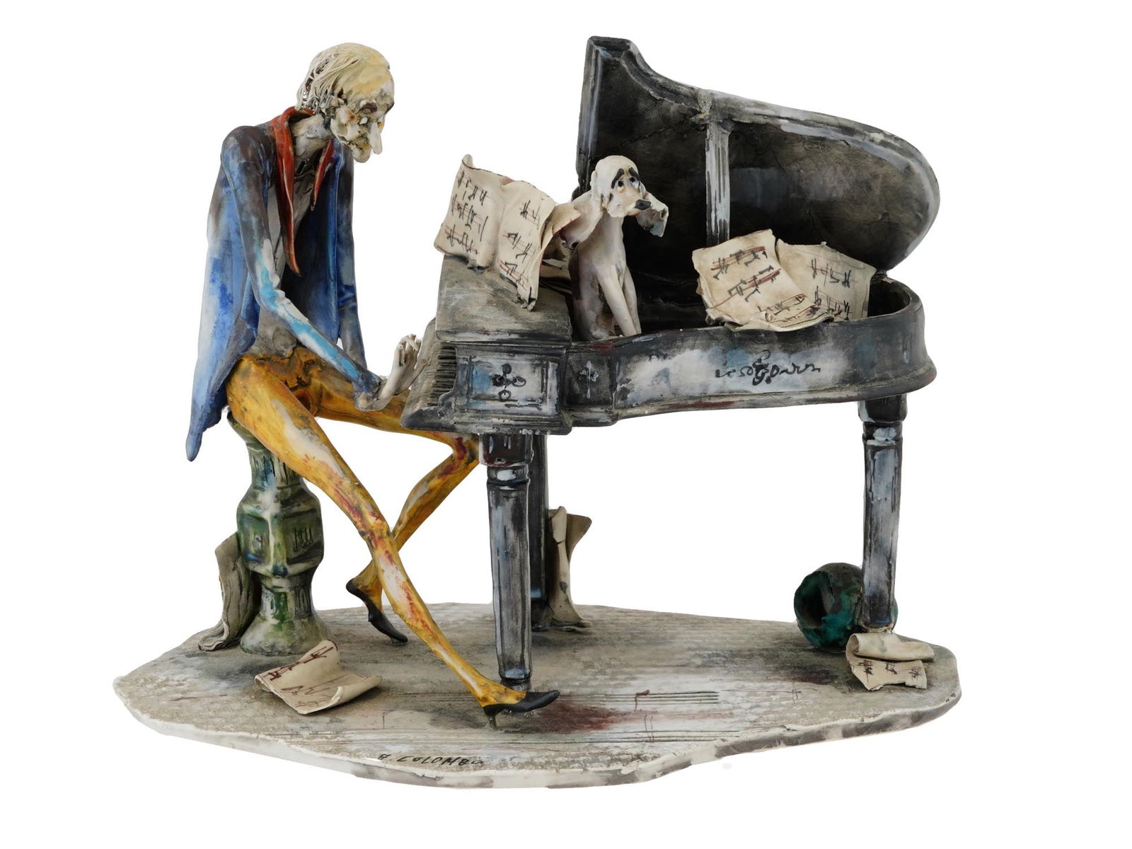 VINTAGE ITALIAN LO SCRICCIOLO PORCELAIN FIGURINE: A vintage Italian Toni Moretto Lo Scricciolo porcelain art sculpture. The artwork represents a figure of a thin elderly pianist and a white poodle dog sitting inside the piano. The base is inscribed A