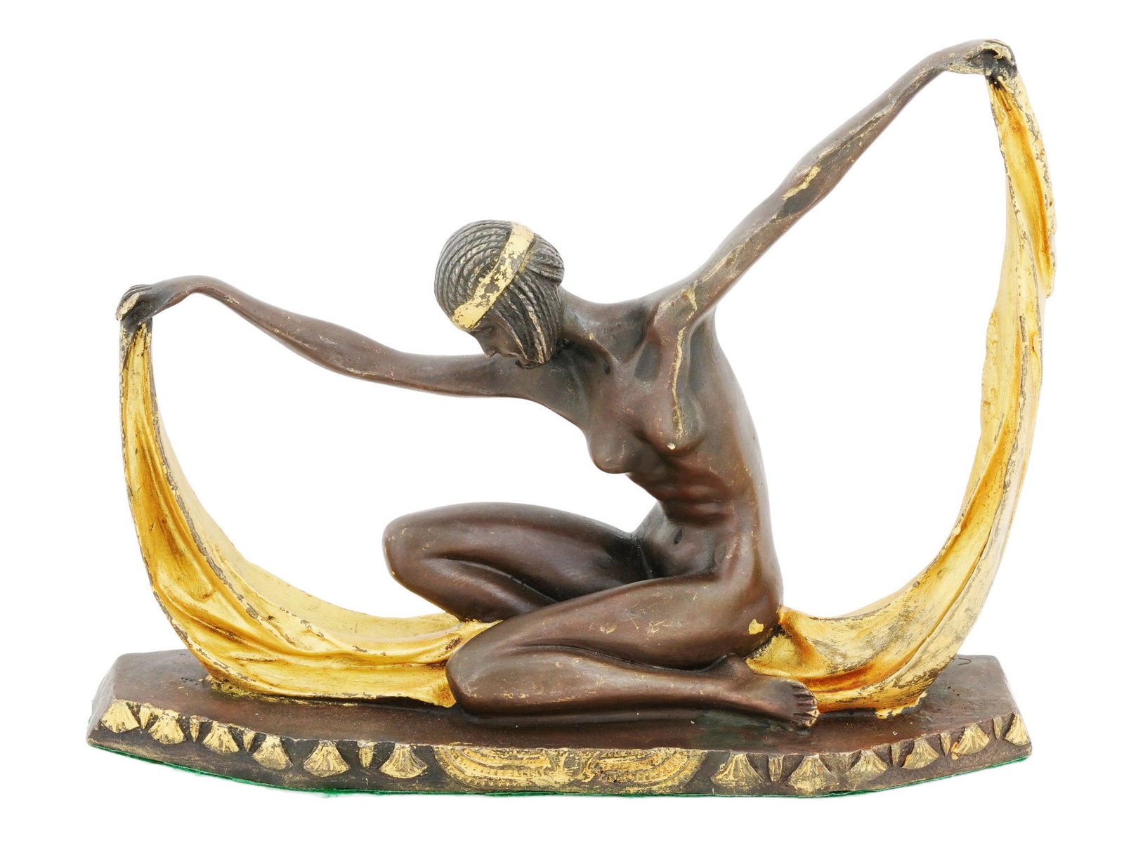 AFTER CLAUDE MIRVAL FRENCH ART DECO BRONZE FIGURE: Cast bronze sculpture with painted gilt accents. French, Art Deco era, ca. 1920s to 1930s. After Claude Mirval, a 20th-century French sculptor. The piece represents a seated nude dancer with a scarf. 
