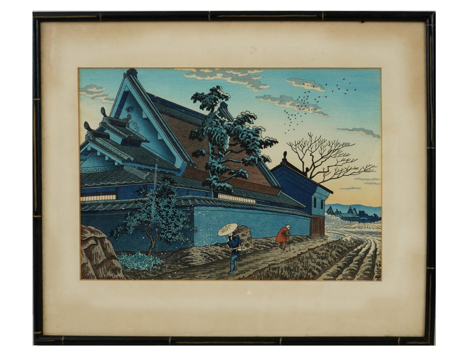 JAPANESE WOODBLOCK PRINT BY TAKEJI ASANO: Takeji Asano, Japanese, 1900 to 1999, a woodblock print titled Twilight in the Village, Nara. Signed in print lower right. Matted and framed. Takeji Asano was a prominent artist and printmaker. He gra
