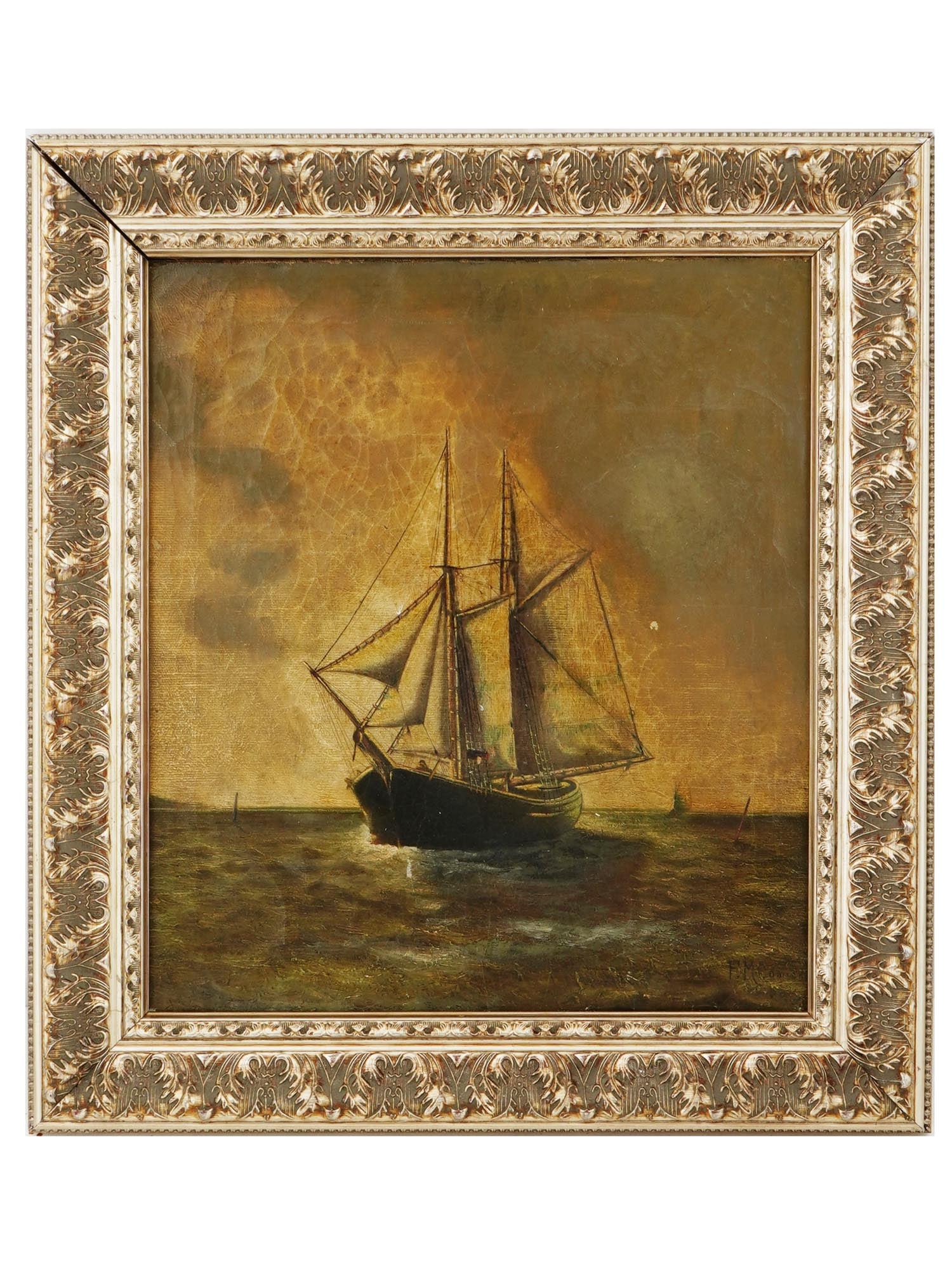 ANTIQUE AMERICAN SCHOOL SEASCAPE OIL PAINTING SIGNED (1 of 5)