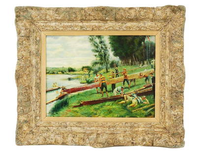 AFTER FERDINAND JOSEPH GUELDRY ROWING OIL PAINTING: Oil on board painting. After the undated artwork titled Launching the Boat by Ferdinand Joseph Gueldry, 1858 to 1945, a French artist, student of Jean-Leon Gerome. As a founding member of the Nautical