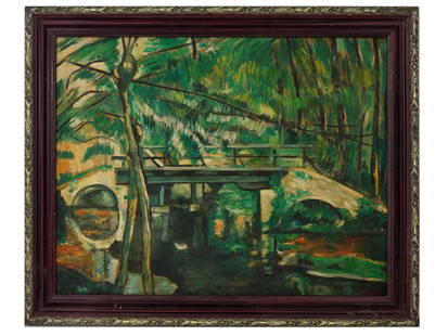 AFTER PAUL CEZANNE FRENCH LANDSCAPE OIL PAINTING: Oil on canvas painting. After the 1880 artwork titled Pont de Maincy by Paul Cezanne, 1892 to 1896, a French Post-Impressionist artist. The piece depicts a view of a bridge in greenery. The original i