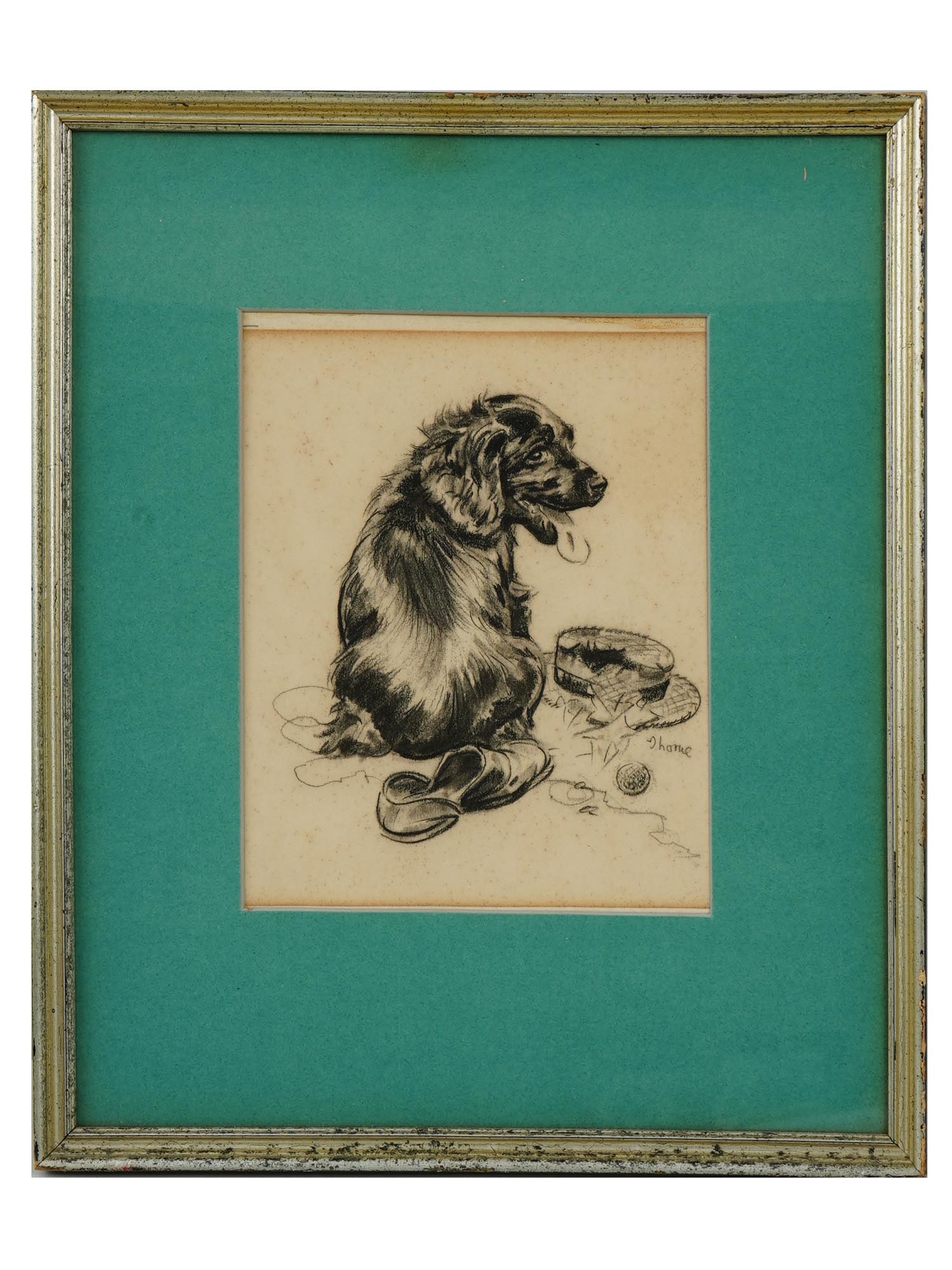MID CENTURY AMERICAN CHARCOAL DOG PAINTING SIGNED (1 of 4)