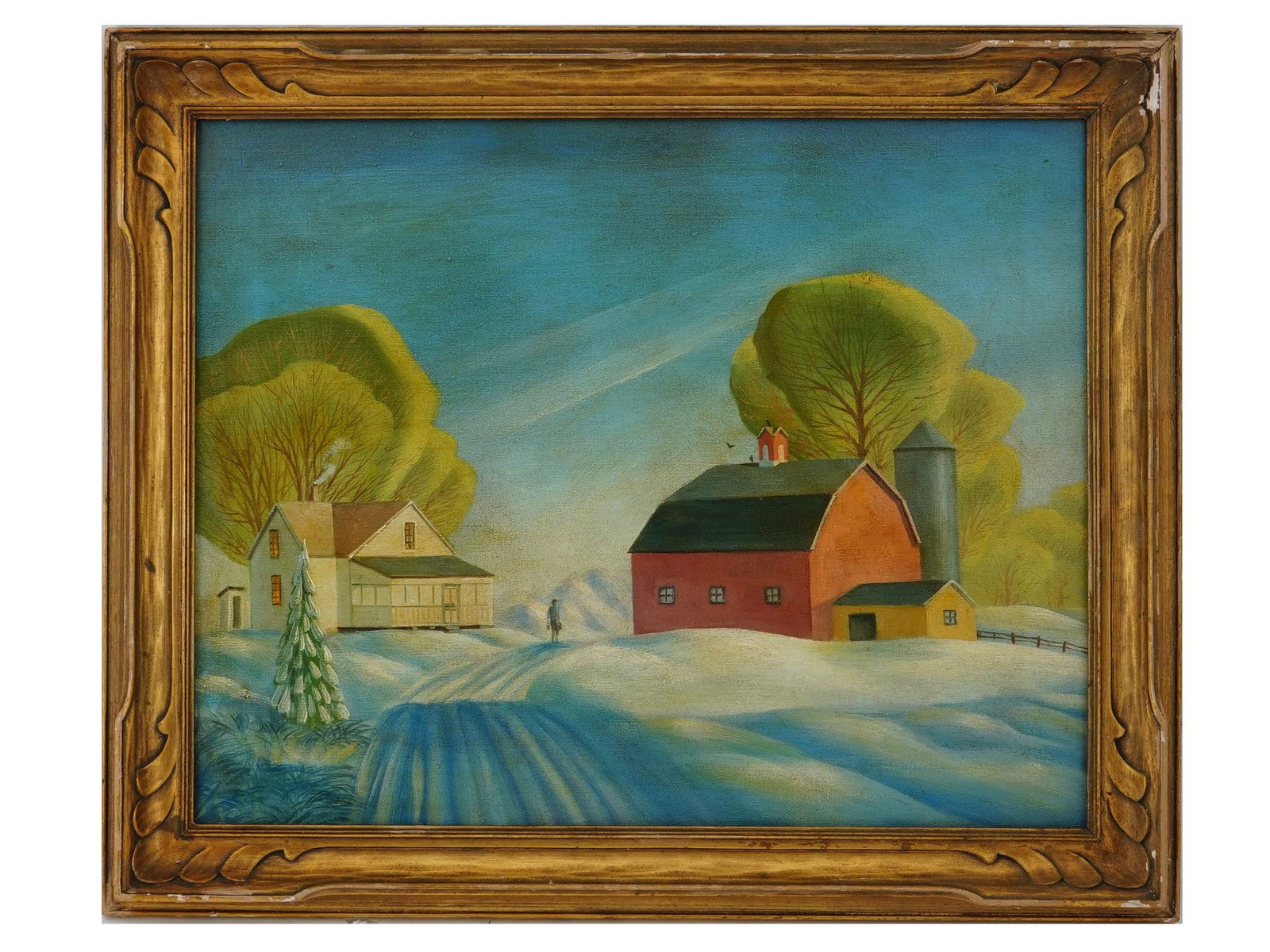 MANNER OF DALE NICHOLS AMERICAN LANDSCAPE PAINTING: Oil on canvas painting. In the manner of Dale Nichols, 1904 to 1995 an American artist known for his rural landscapes. The artwork depicts a view of a farm during winter. Unsigned. Golden frame. Colle