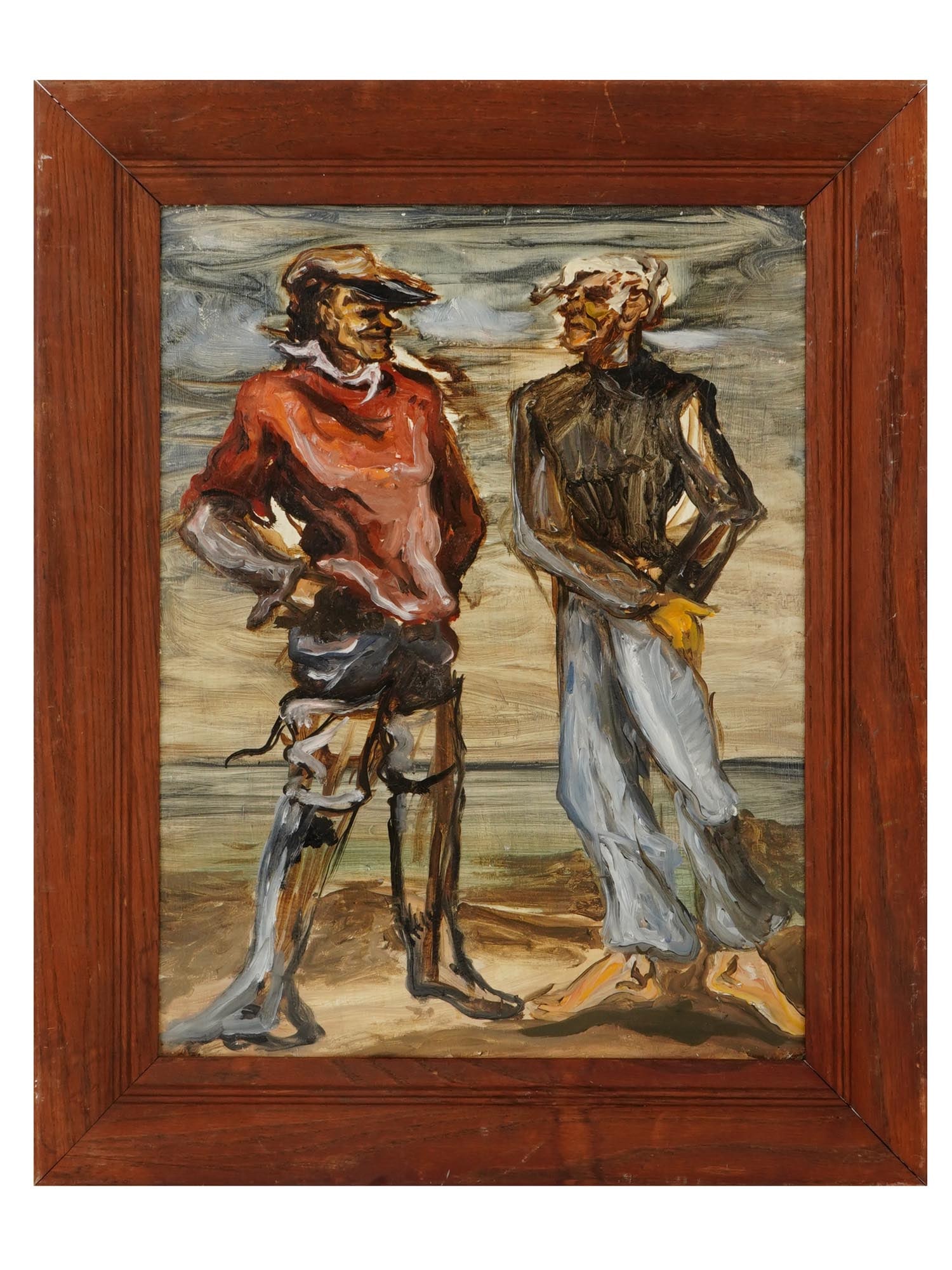 MANNER OF REGINALD MARSH AMERICAN PORTRAIT PAINTING: Oil on board painting. In the manner of Reginald Marsh, 1898 to 1954, an American artist known for his depictions of life in New York City in the 1920s and 1930s. This lot represents a full-length por