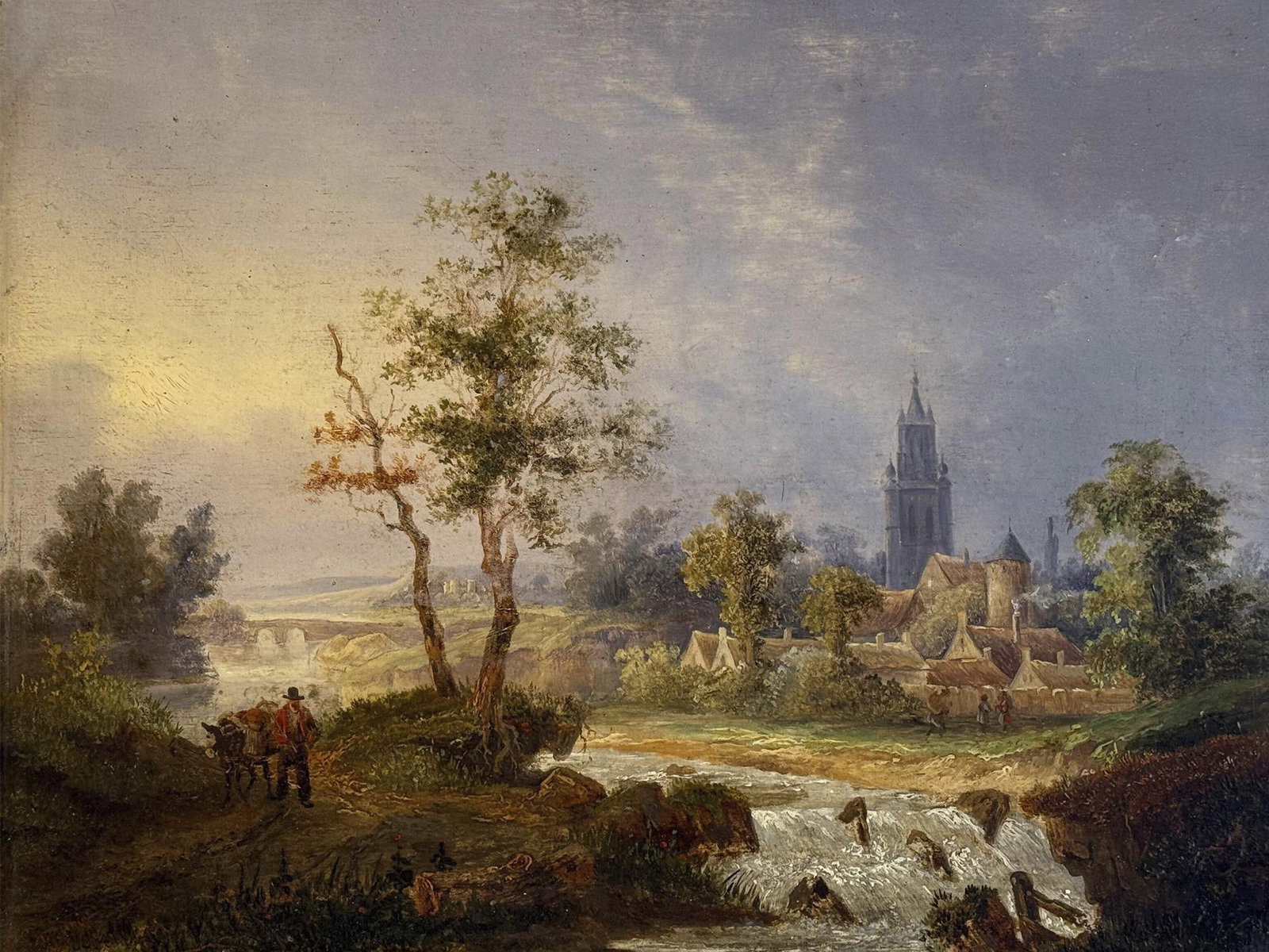 ALFRED LEMEUNIER FRENCH LANDSCAPE OIL PAINTING: Oil on panel painting by Aldred Lemeunier, 1844 to 1908, a French artist. The artwork represents a panoramic view of a town on the bank of a river. Signed by the artist in the lower left. Undated. Col