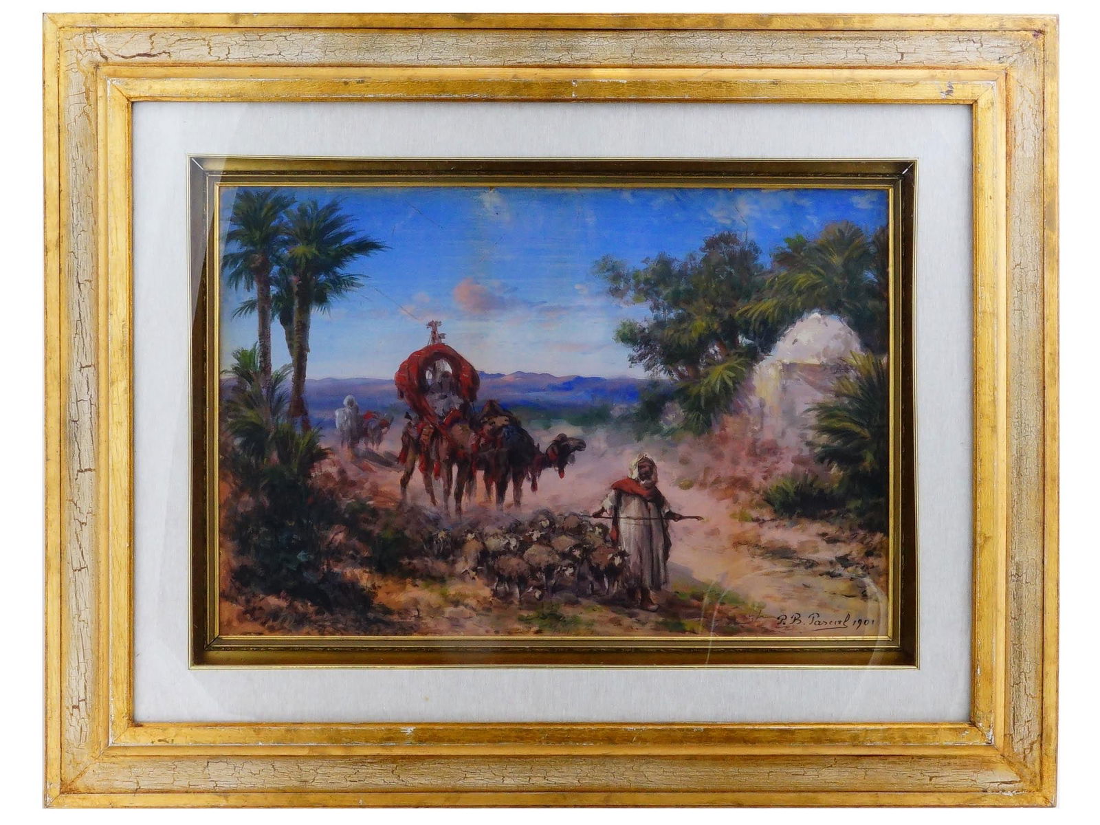 FRENCH AMERICAN GOUACHE PAINTING BY PAUL B PASCAL: Paul B. Pascal, American, French, 1832 to 1903, an antique gouache painting on paper depicting a Middle Eastern genre scene, 1901. Signed and dated, lower right. Framed. Paul Pascal is known for Middl