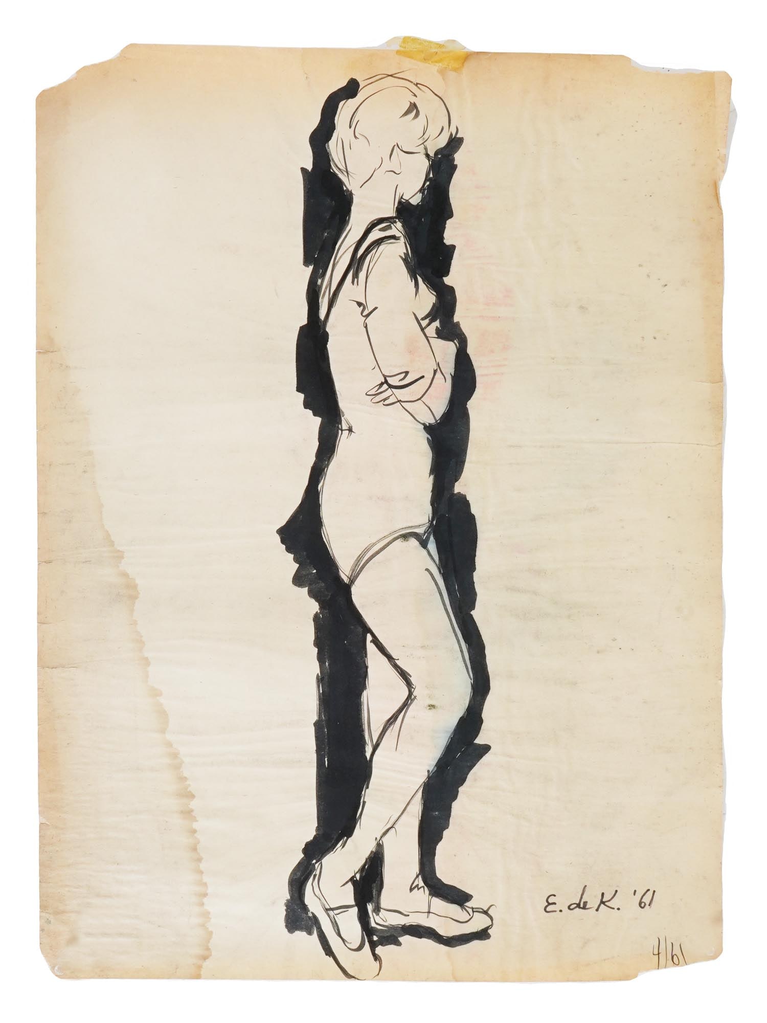 ATTR TO ELAINE DE KOONING MIXED MEDIA PAINTING ON PAPER: Attributed to Elaine Fried de Kooning, American 1918 to 1989, a mixed media painting on paper depicting a sketch portrait of a woman. Signed lower right. Elaine Marie Catherine de Kooning was an Abstr