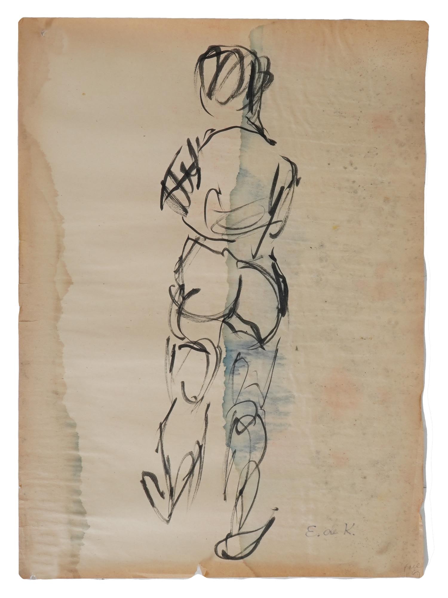 ATTR TO ELAINE DE KOONING MIXED MEDIA PAINTING ON PAPER: Attributed to Elaine Fried de Kooning, American 1918 to 1989, a mixed media painting on paper depicting a sketch portrait. Signed lower right. Elaine Marie Catherine de Kooning was an Abstract Express