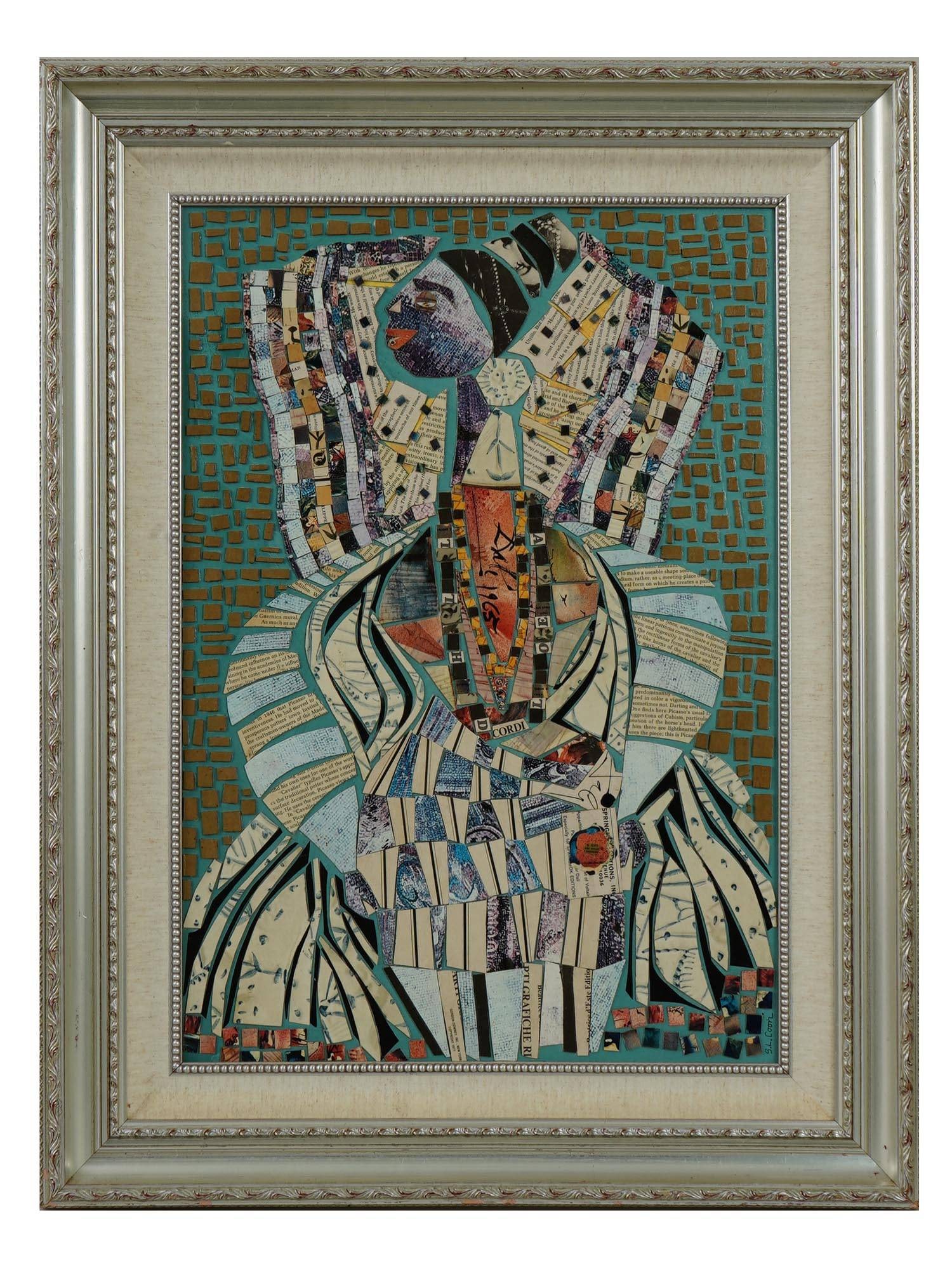 AMERICAN PORTRAIT COLLAGE ARTWORK BY SUZIE COON: Collage on paper by Suzie Coon, a contemporary American artist. The piece represents a female portrait. Signed by the artist in the lower right. Titled Coronation and dated 2008 on the backside. Ornat