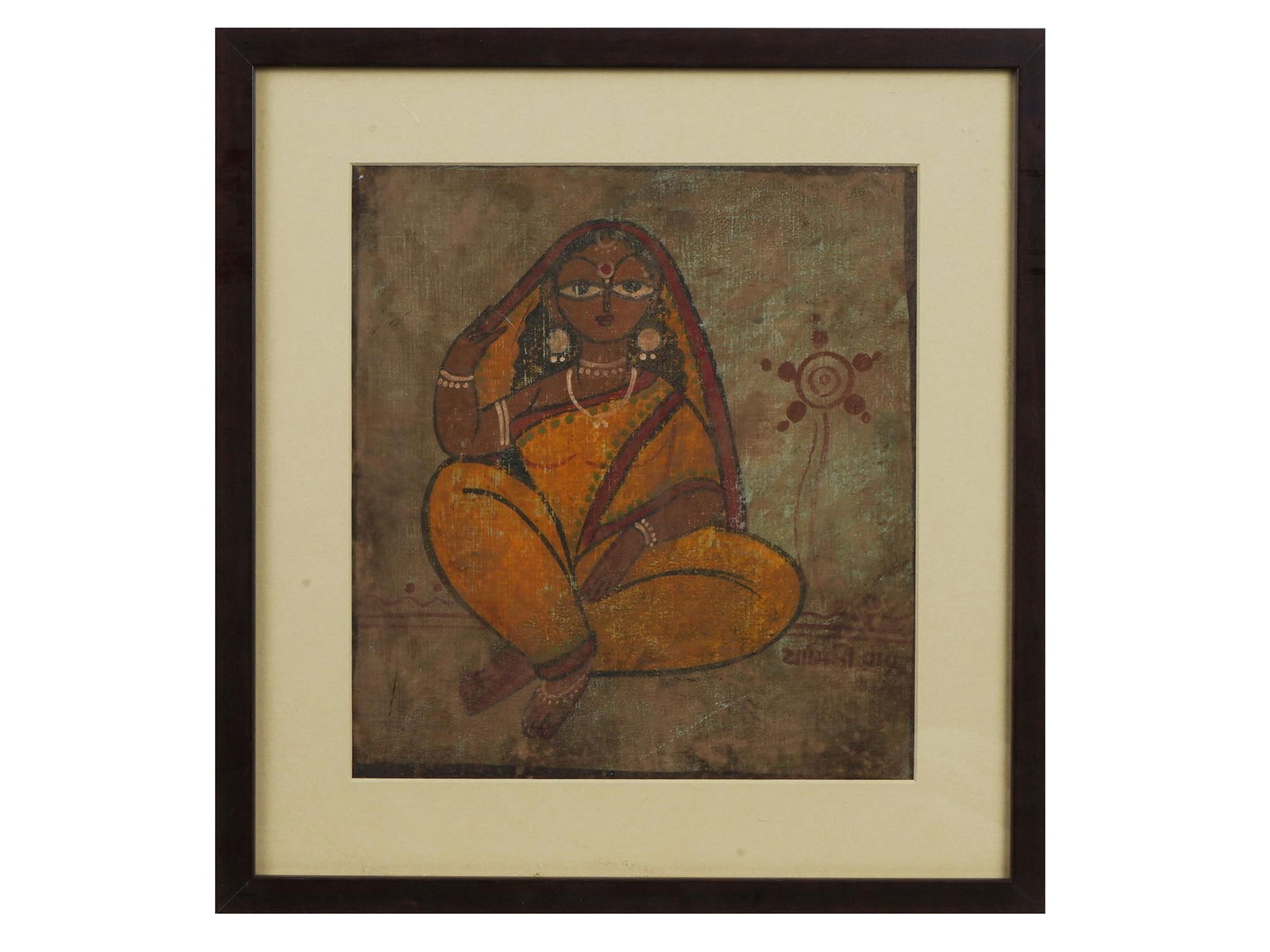 ATTR TO JAMINI ROY INDIAN FEMALE PORTRAIT PAINTING: Tempera on textile painting mounted to board. Attributed to Jamini Roy, 1887 to 1972, an Indian artist, one of the most famous pupils of Abanindranath Tagore. The artwork depicts a portrait of a seate