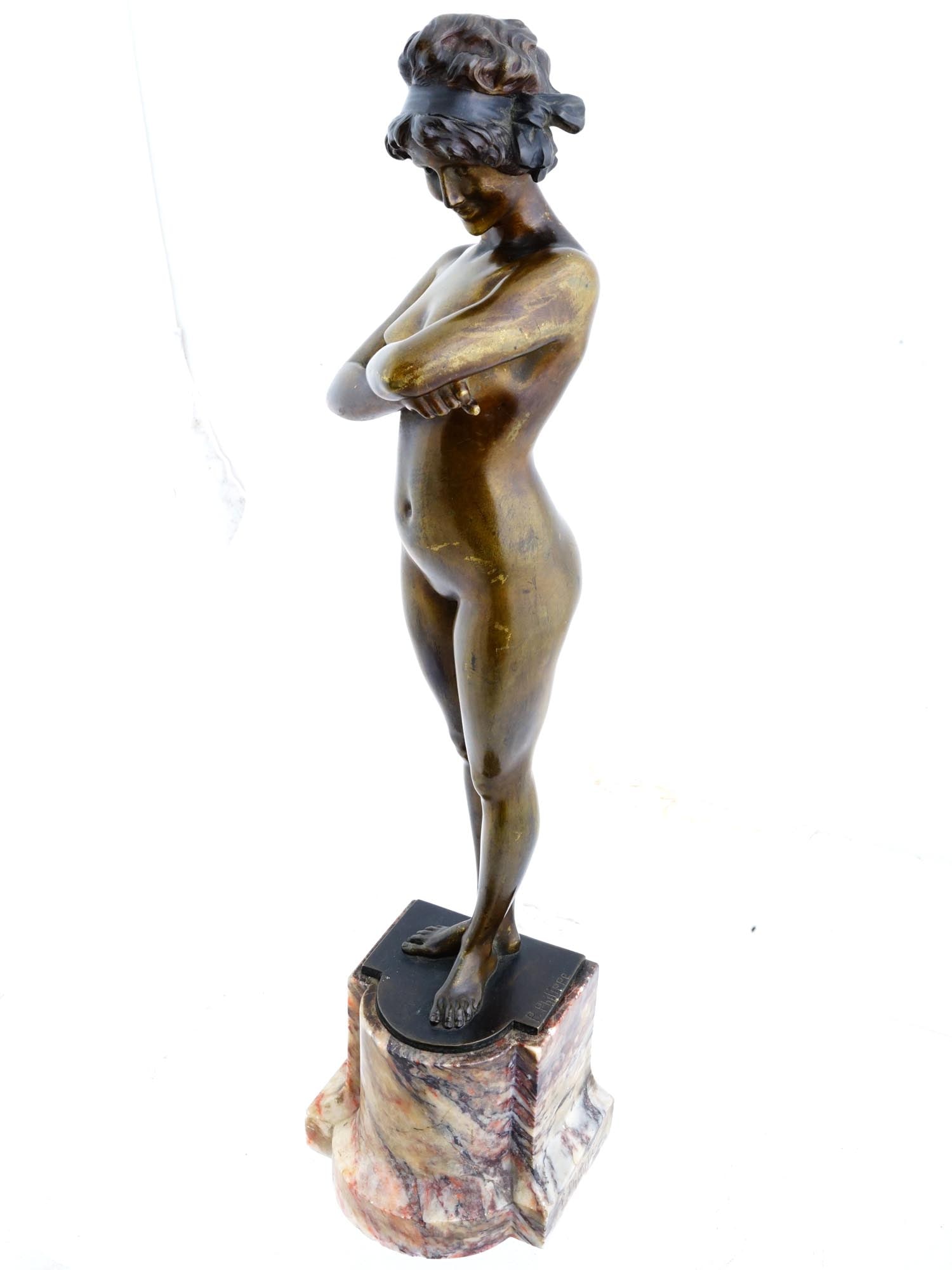 AFTER PAUL PHILIPPE FRENCH NUDE FEMALE SCULPTURE: After Paul Philippe, French, 1870 to 1930, a bronze sculpture depicting a nude female figure, titled Le Challange. Artists signature on the base. Paul Philippe was a sculptor who worked during the lat