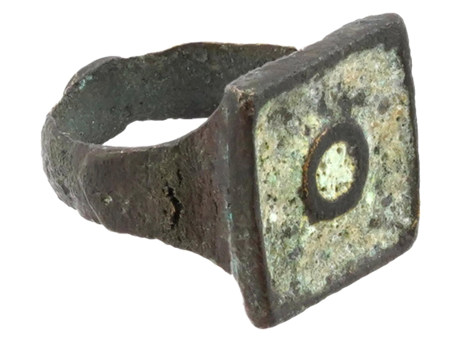 ANCIENT ROMAN BRONZE ENAMEL RING W EYE AGAINST EVIL: An ancient Roman bronze ring, circa 100 to 300 AD. It features a square enameled top with a raised, circular eye motif in the center, symbolizing protection against evil. Antique Roman Bronze Enamel R
