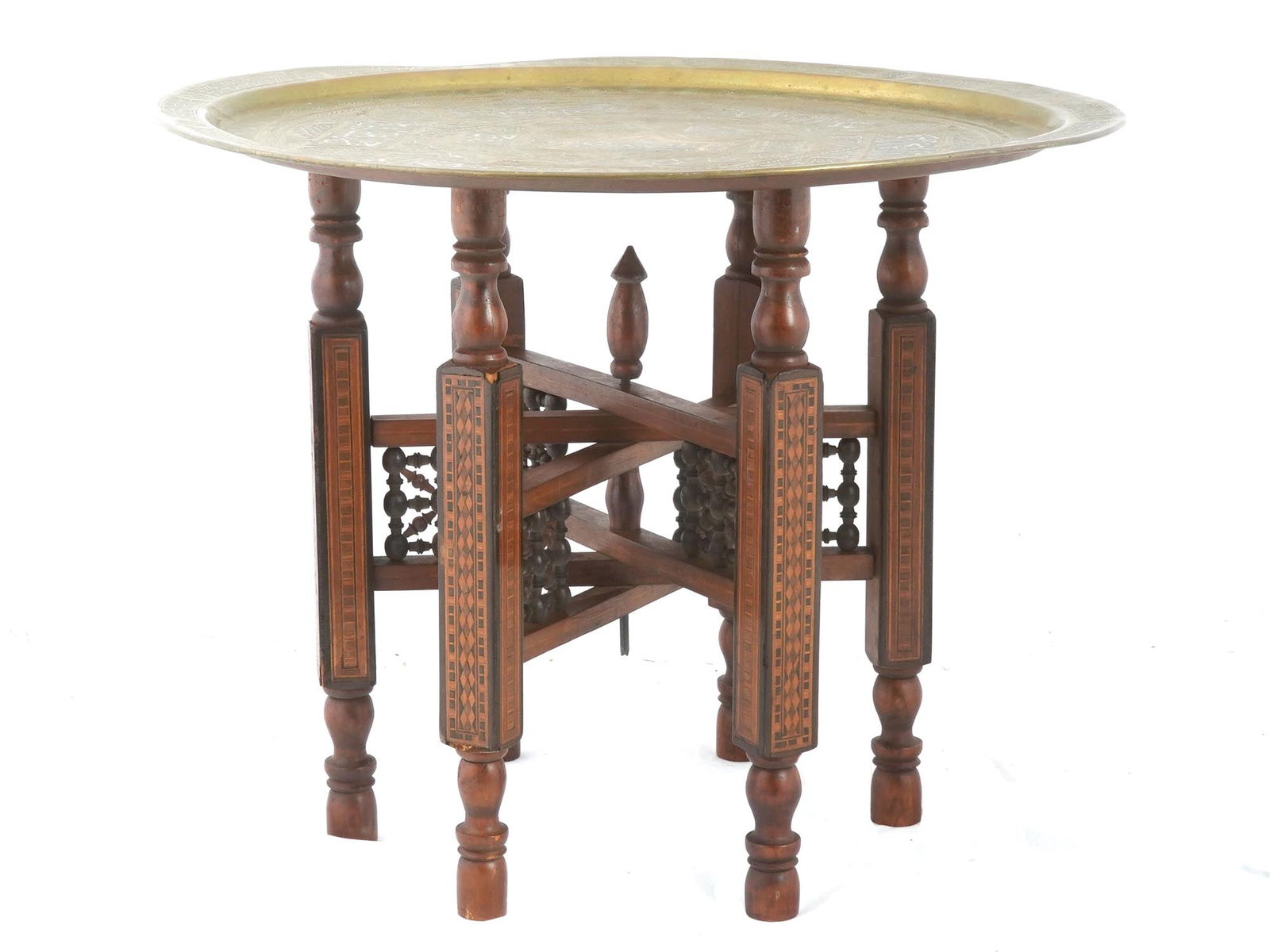 OTTOMAN EMPIRE TABLE STAND W SILVER INLAY BRASS TOP (1 of 8)