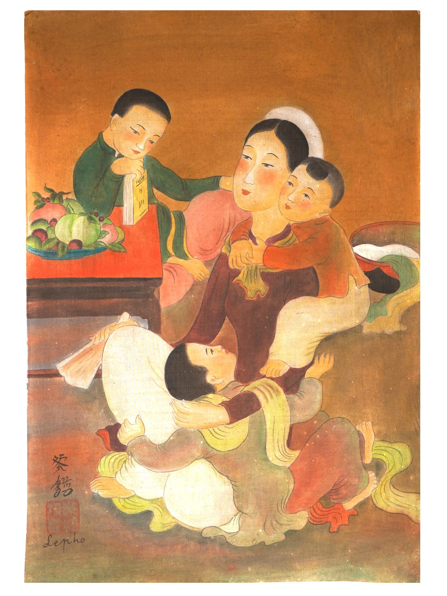 ATTR LE PHO VIETNAMESE WATERCOLOR PAINTING ON SILK: Attributed to Le Pho, Vietnamese, French, 1907 to 2001, ink and watercolor painting on silk depicting a scene with a mother and kids. Signed with Calligraphy and in Latin, stamped, lower left. Circa: