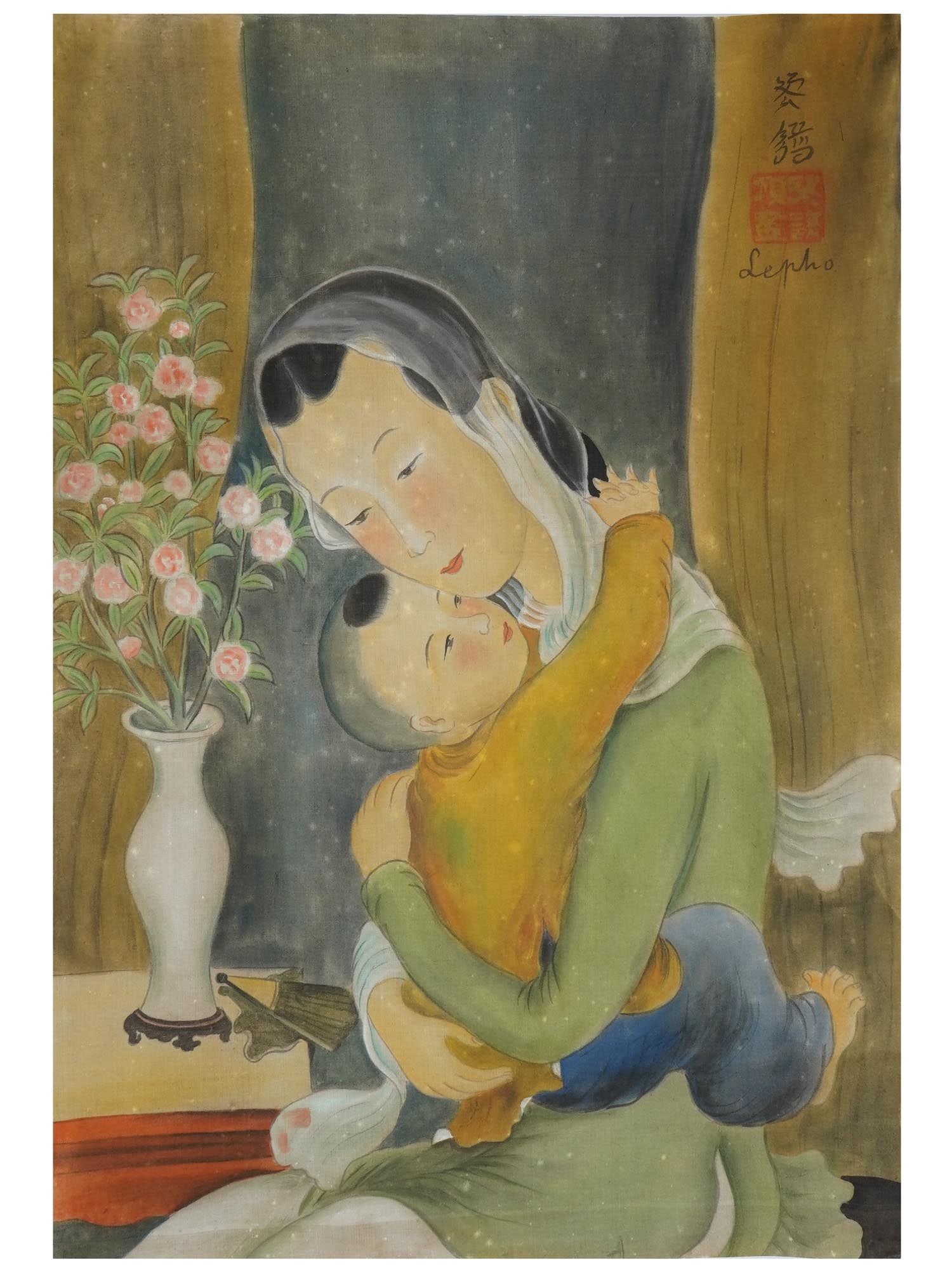 ATTR LE PHO VIETNAMESE WATERCOLOR PAINTING ON SILK: Attributed to Le Pho, Vietnamese, French, 1907 to 2001, ink and watercolor painting on silk depicting an interior double portrait of a mother and a child. Signed with Calligraphy and in Latin, stamped